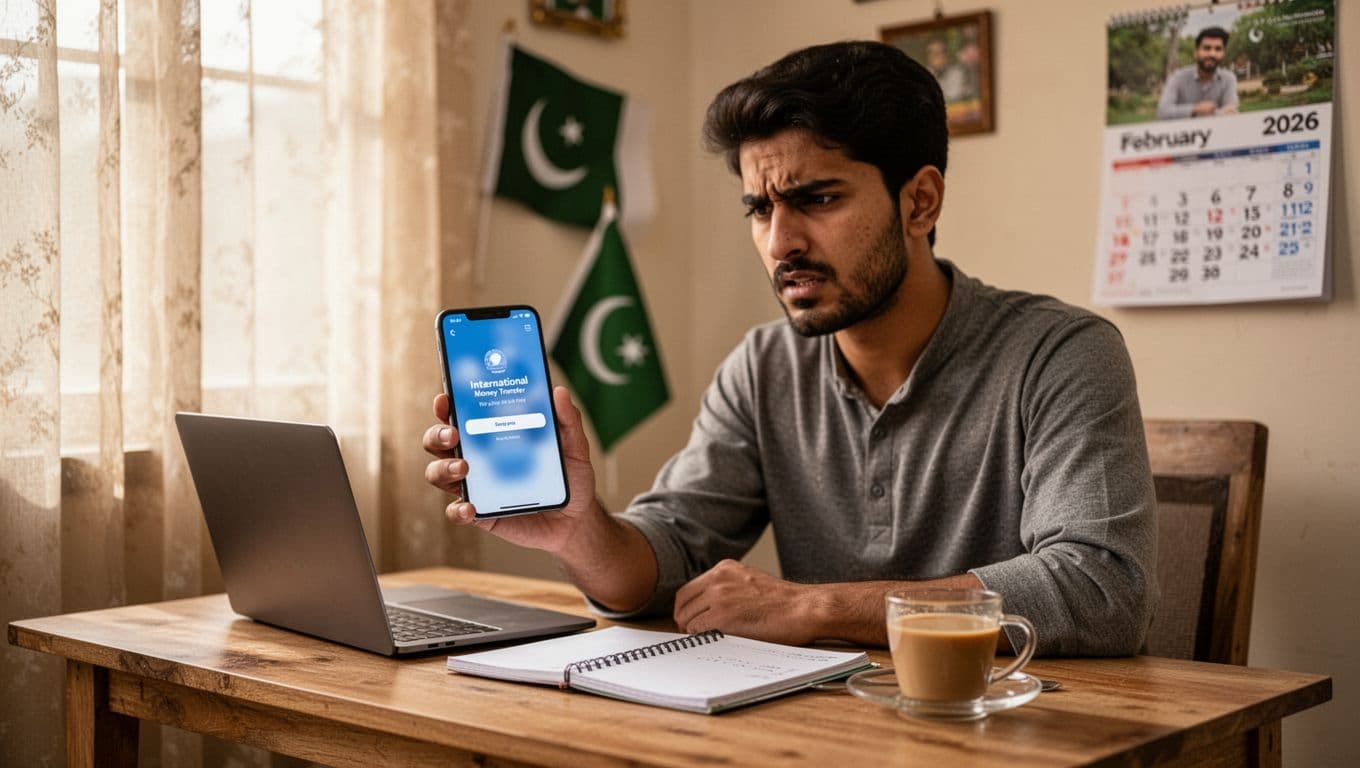 Realistic photograph of a young Pakistani freelancer in his mid-20s at a home office desk in Lahore, holding a smartphone with a blurred international money transfer app screen, showing concentration and slight frustration.