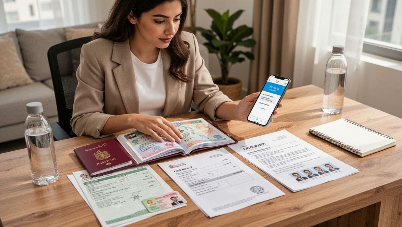 A young professional woman at her home desk organizes UAE visa documents including an open passport, visa copy, Emirates ID form, printed job contract, and passport photos, while checking a phone app for confirmation in a cozy, brightly lit home office.