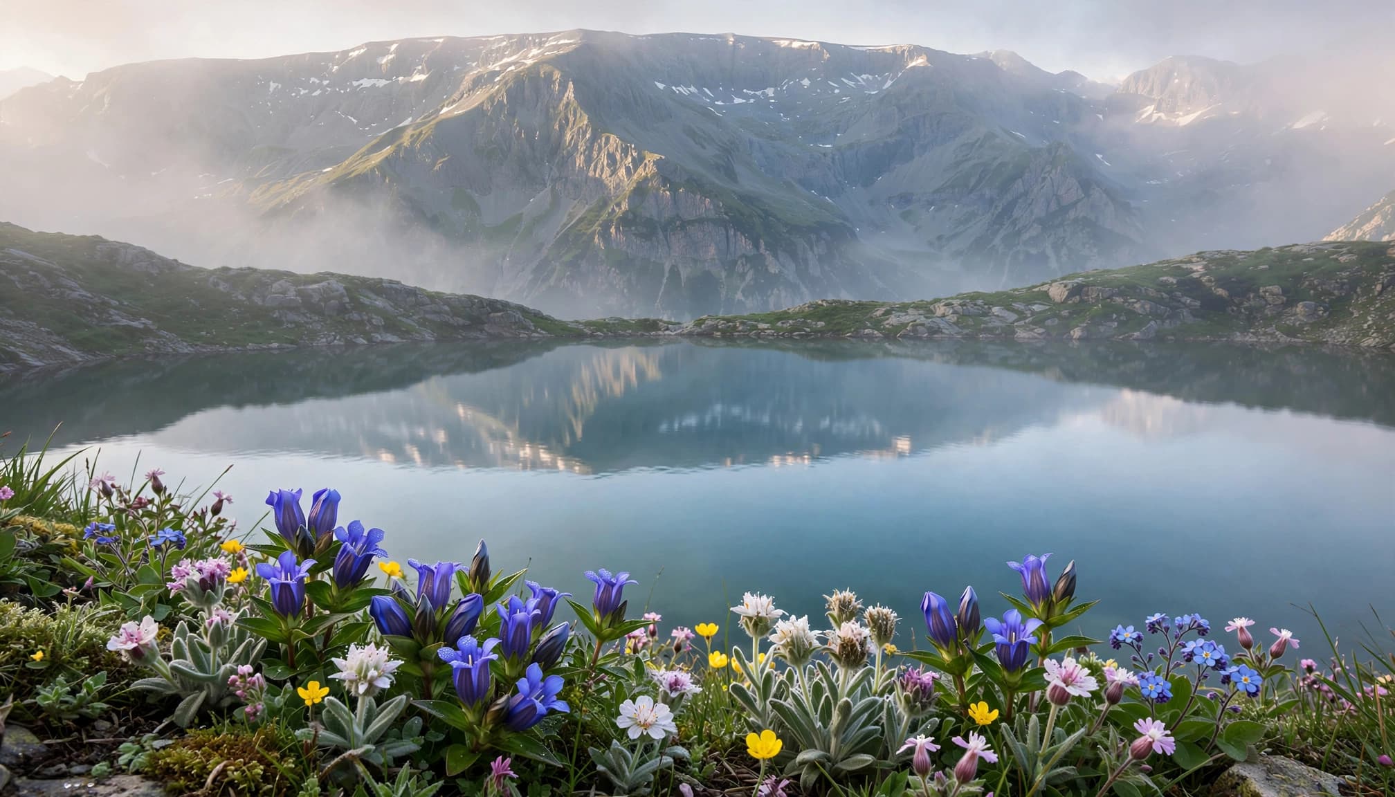 A mountain ridge and calm lake with wildflowers in soft morning light.