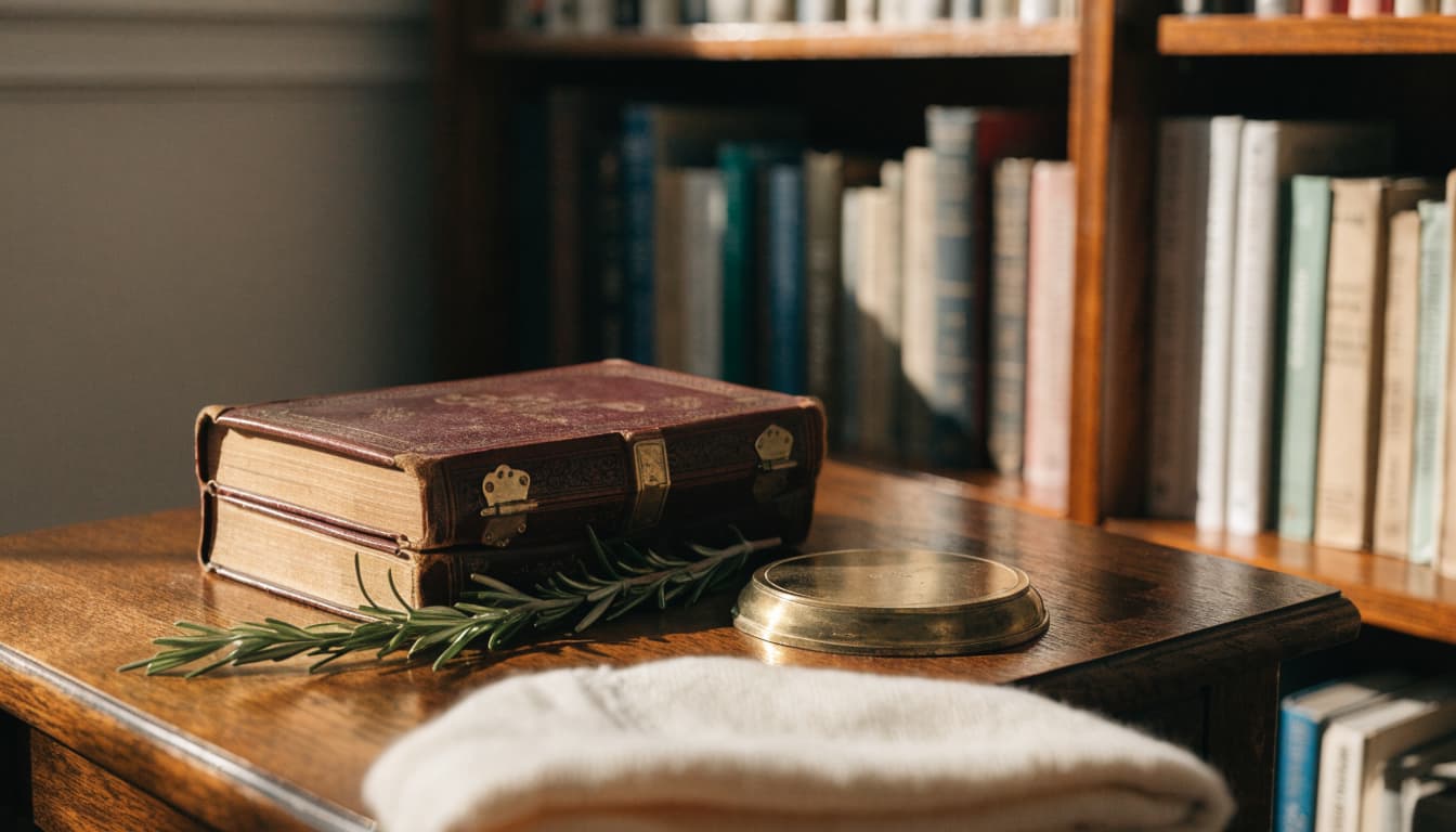 A leather-bound book, brass nameplate, rosemary, and folded cream blanket on a walnut table.