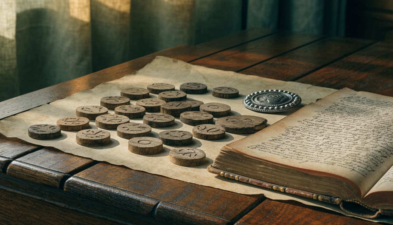 Antique tokens and a silver brooch beside an open register on an oak table.