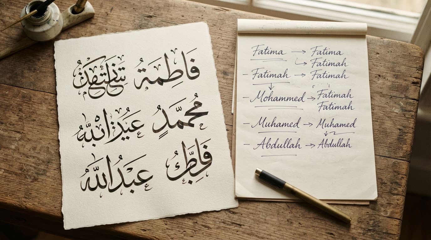 Arabic calligraphy and handwritten Latin-style marks on two sheets beside a small pen.
