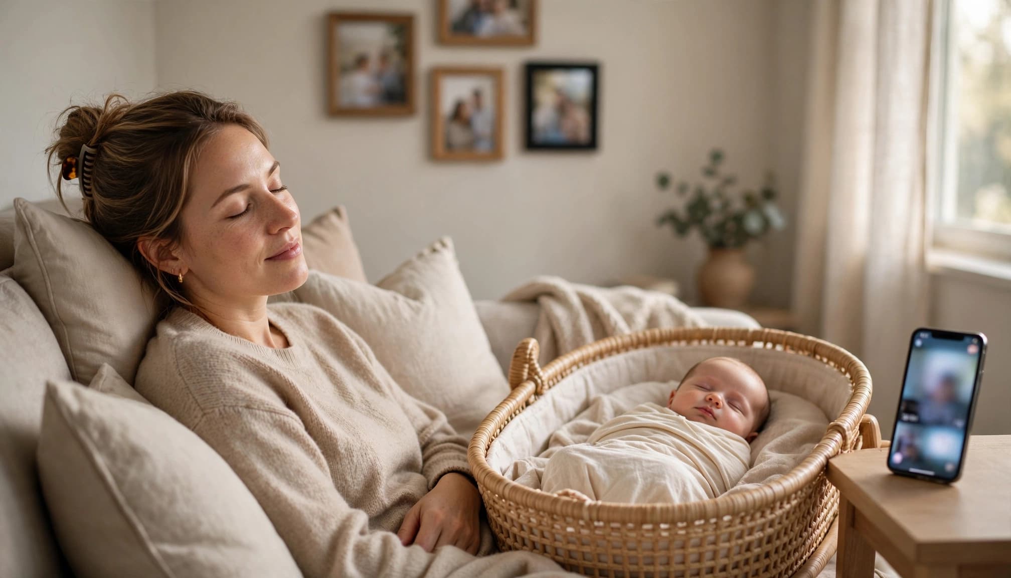 A mother relaxes beside her baby in a softly lit living room.