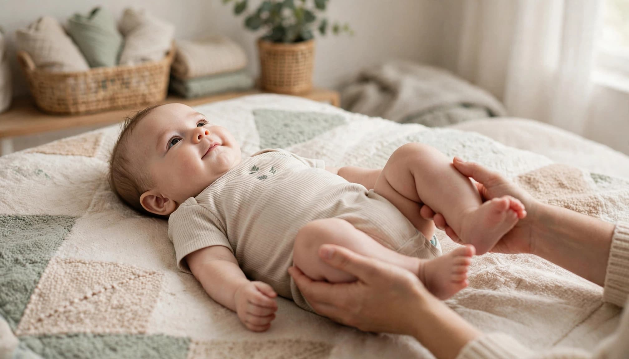 Caregiver gently moves a baby's legs in a bicycle motion on a soft mat.