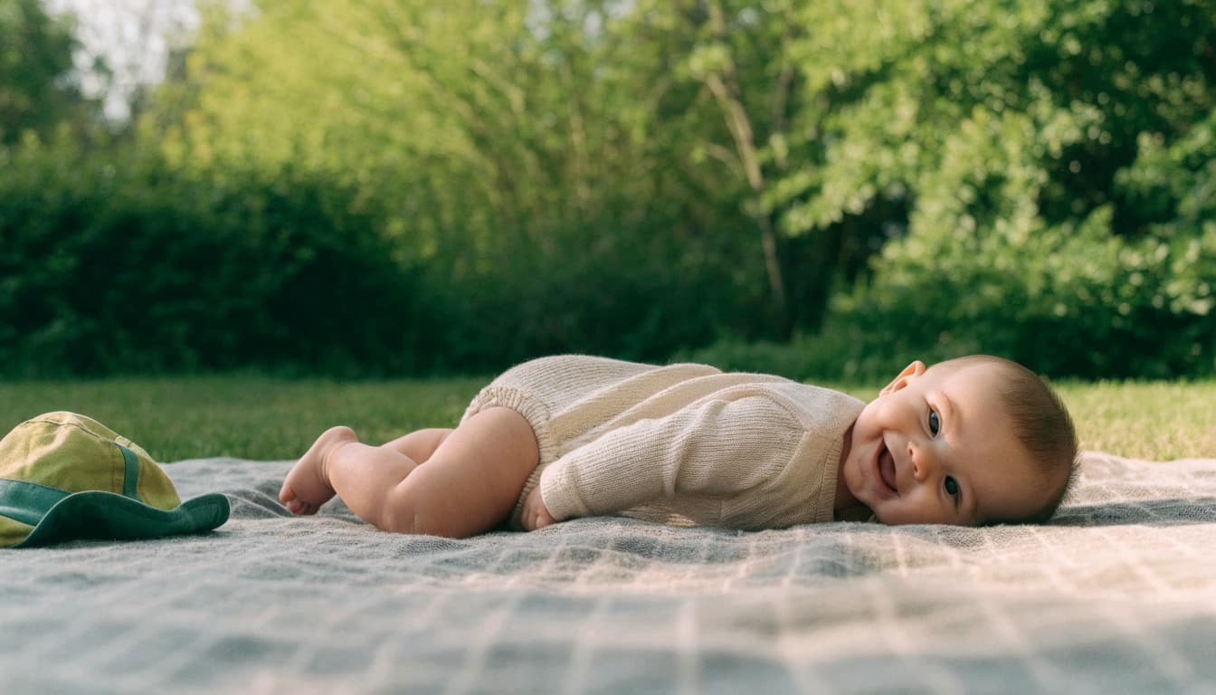 A baby boy smiles on a picnic blanket beside a small sun hat.
