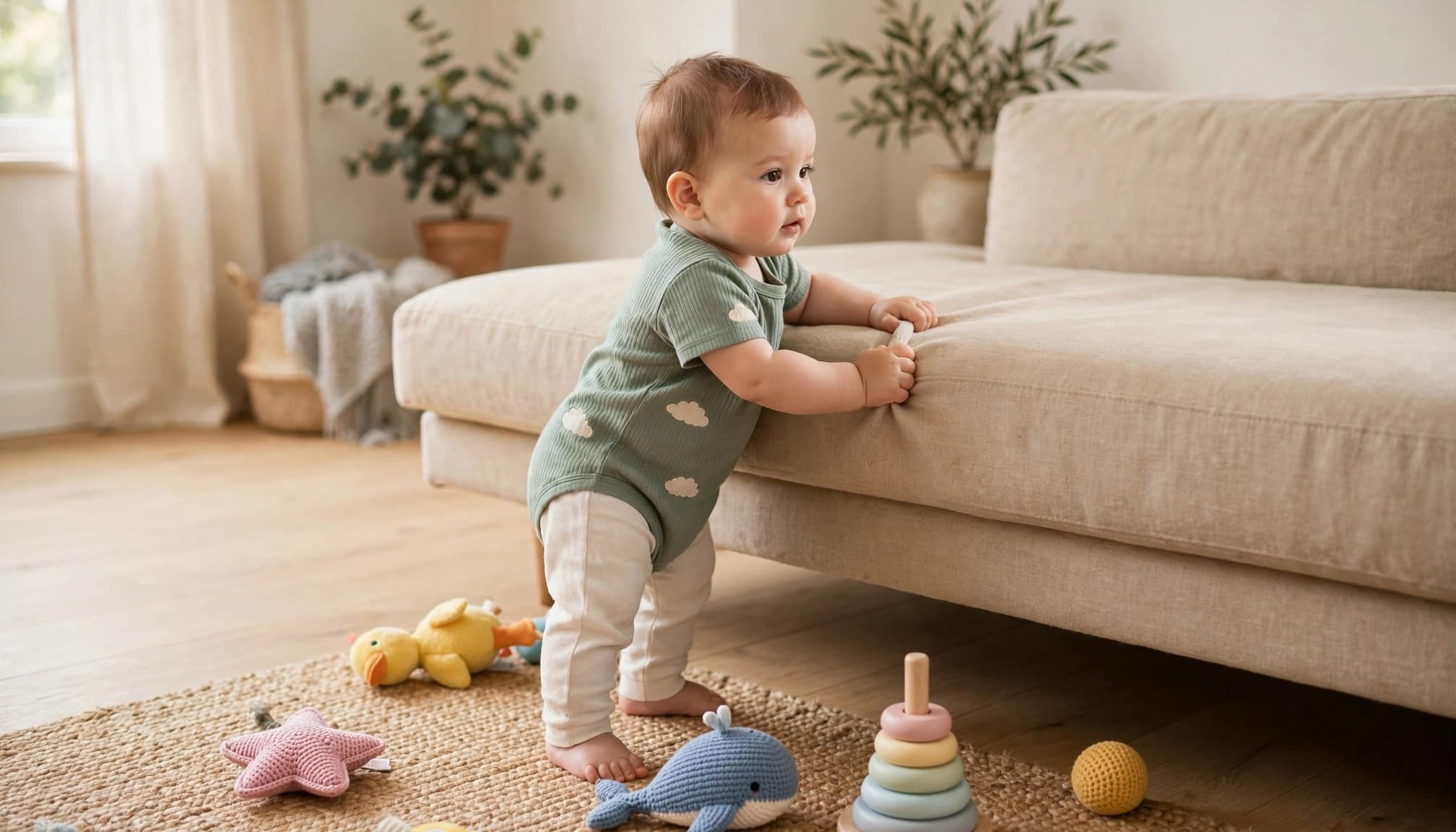Baby holding a low sofa while standing near colorful toys.