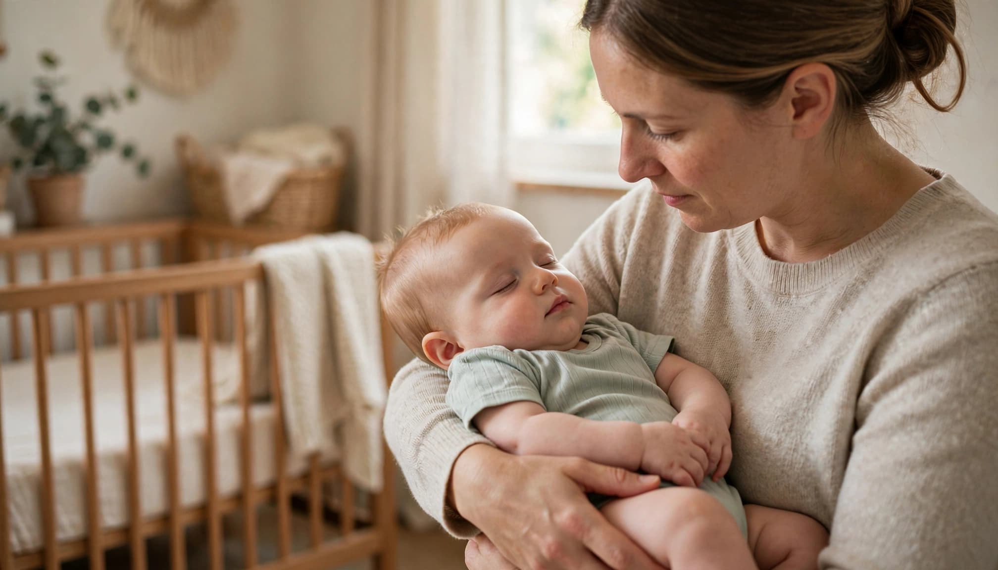 A caregiver gently observes a baby's ear in a softly lit nursery.