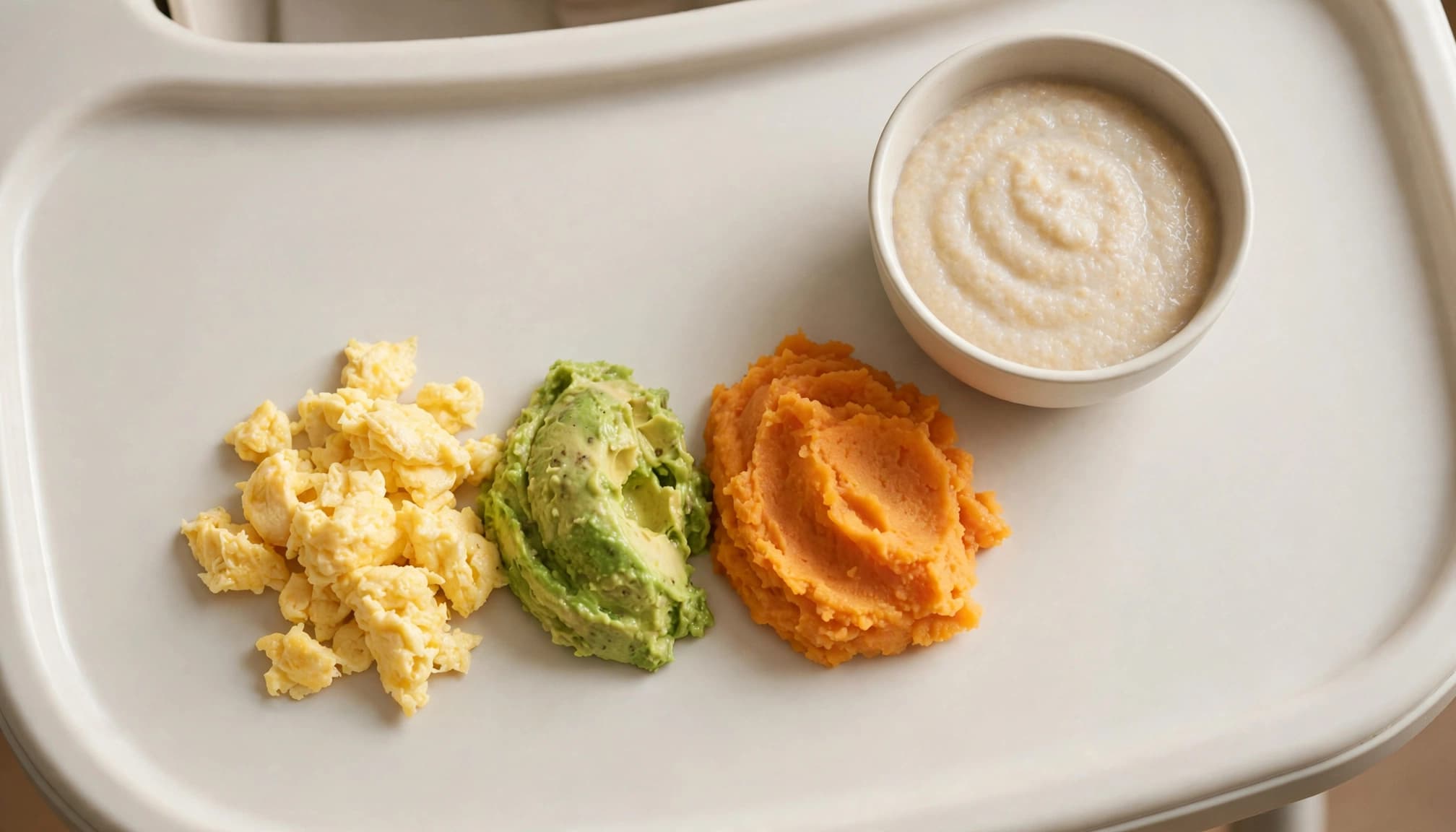 Scrambled egg, mashed avocado, orange vegetables, and infant cereal on a high-chair tray.
