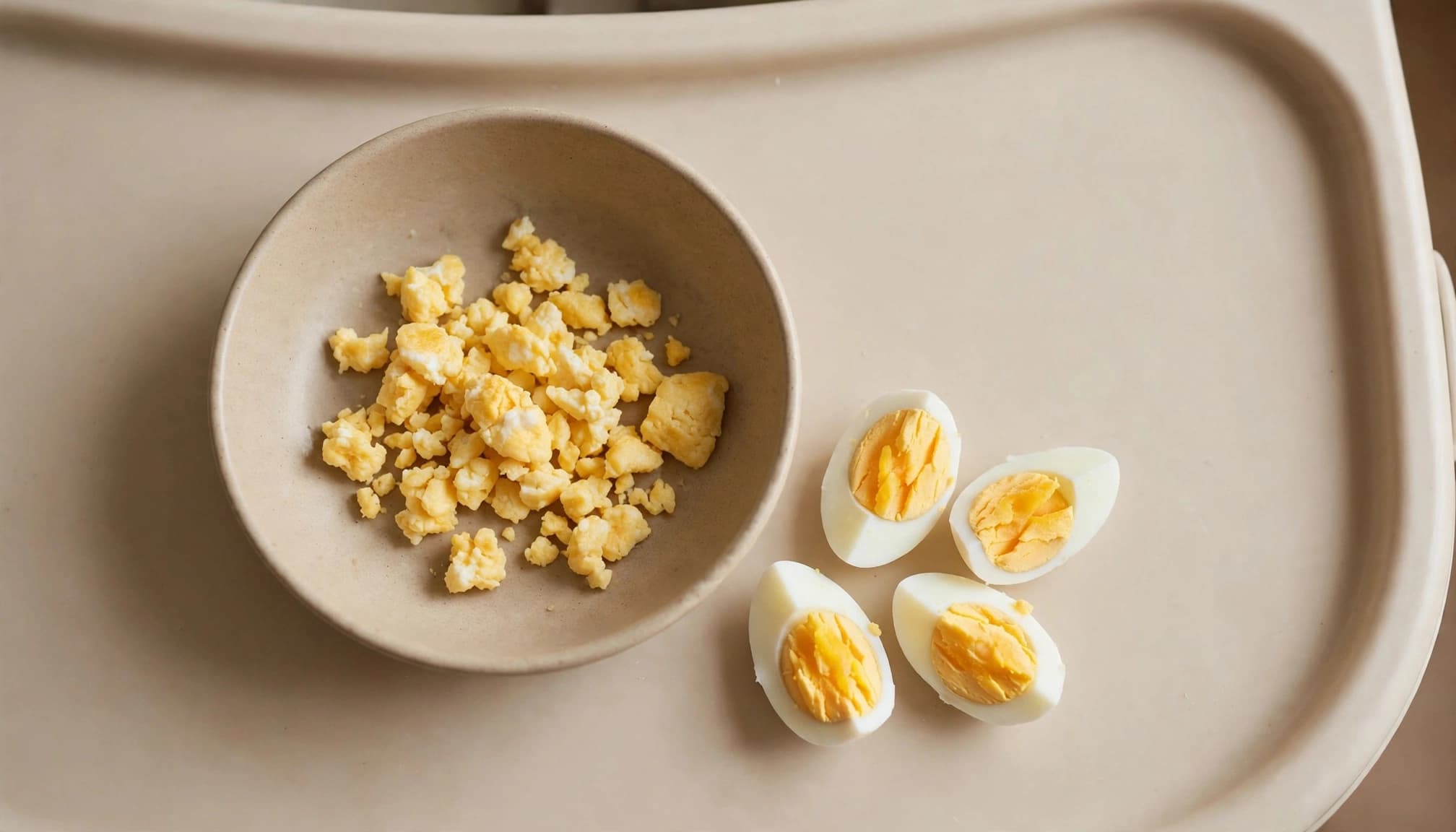 Scrambled egg and quartered hard-boiled egg beside a shallow baby bowl.