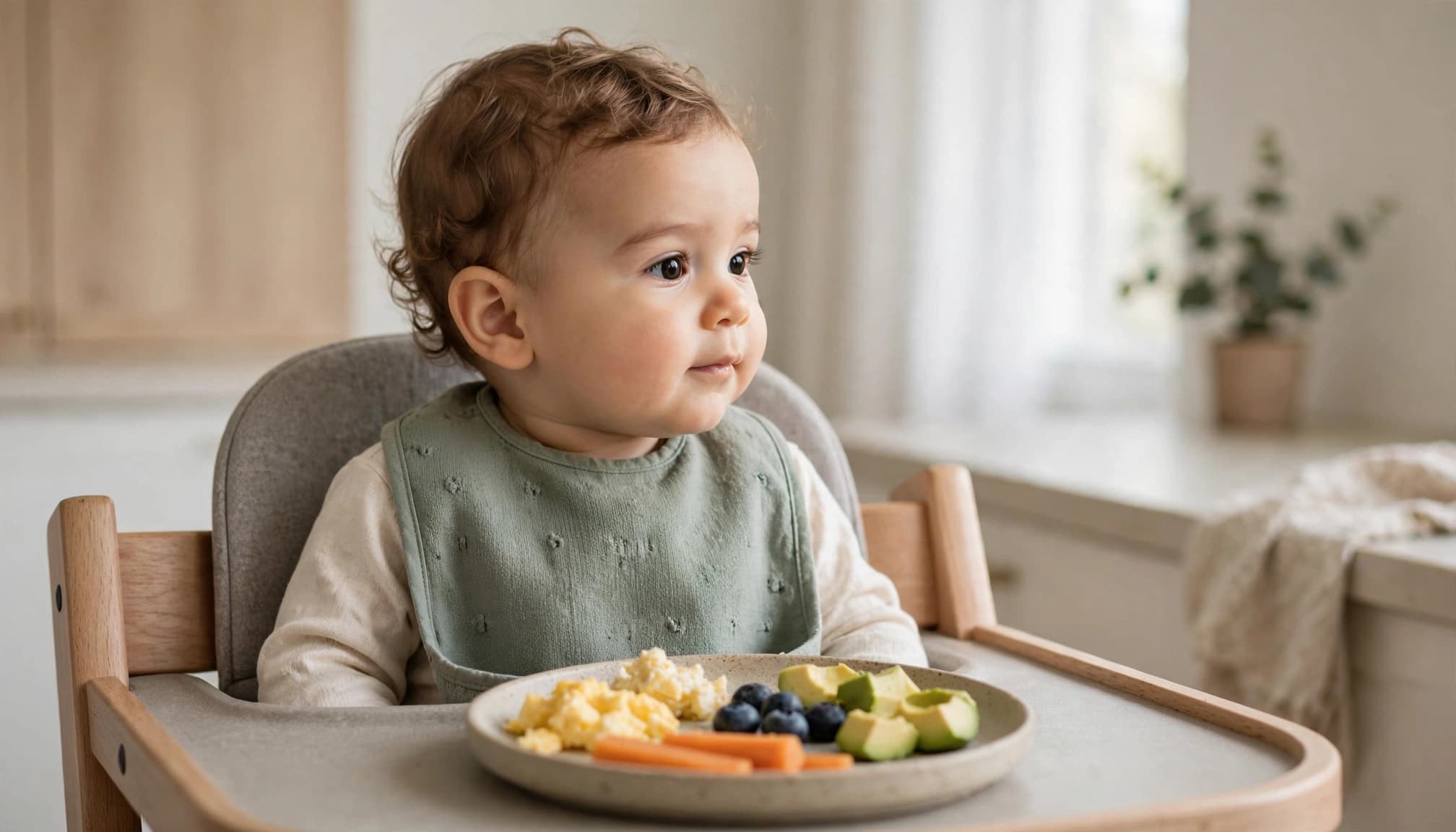 A baby in a high chair beside a plate of egg and soft foods.