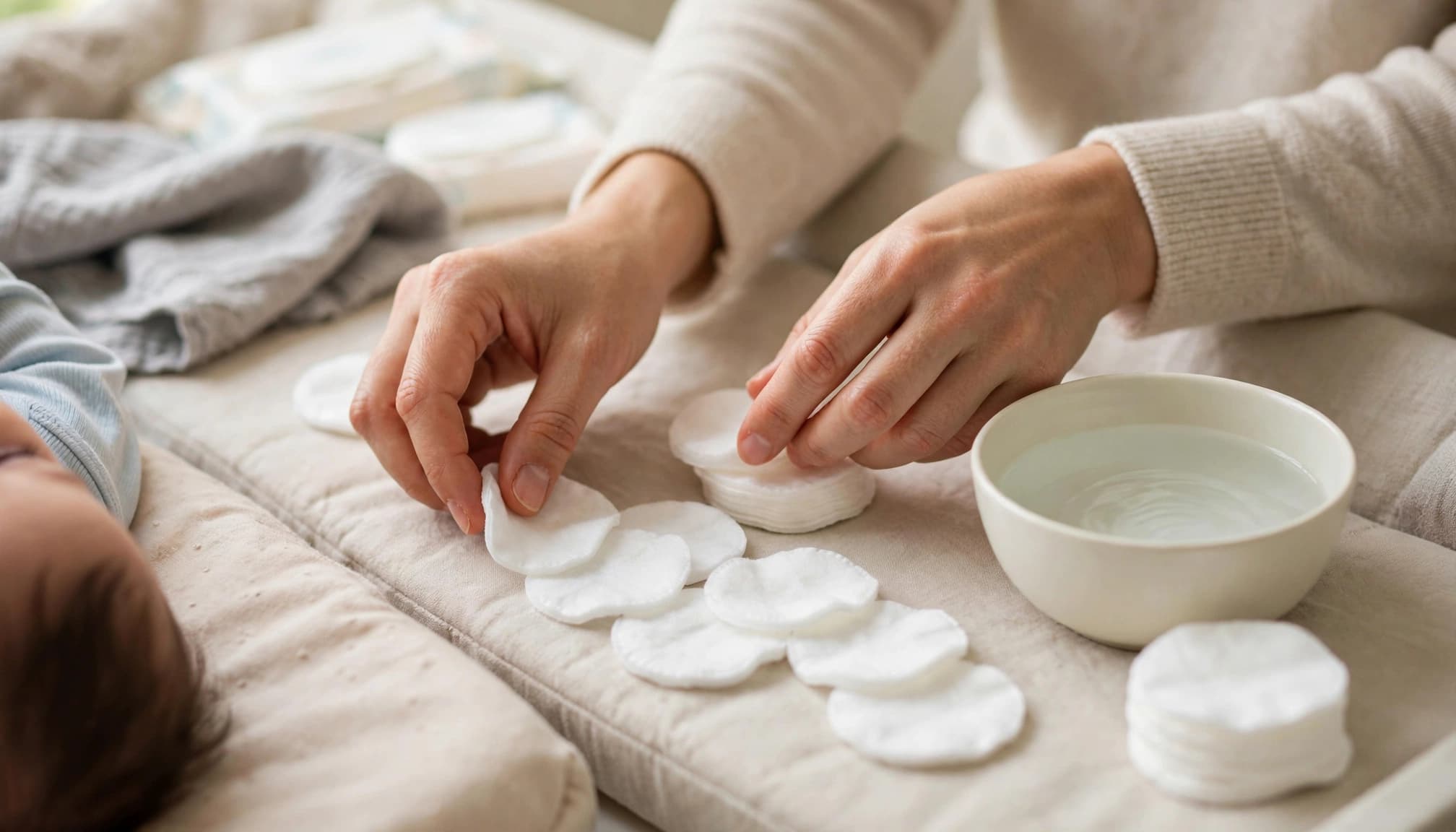 Clean hands prepare separate cotton pads beside a bowl of water for baby care.