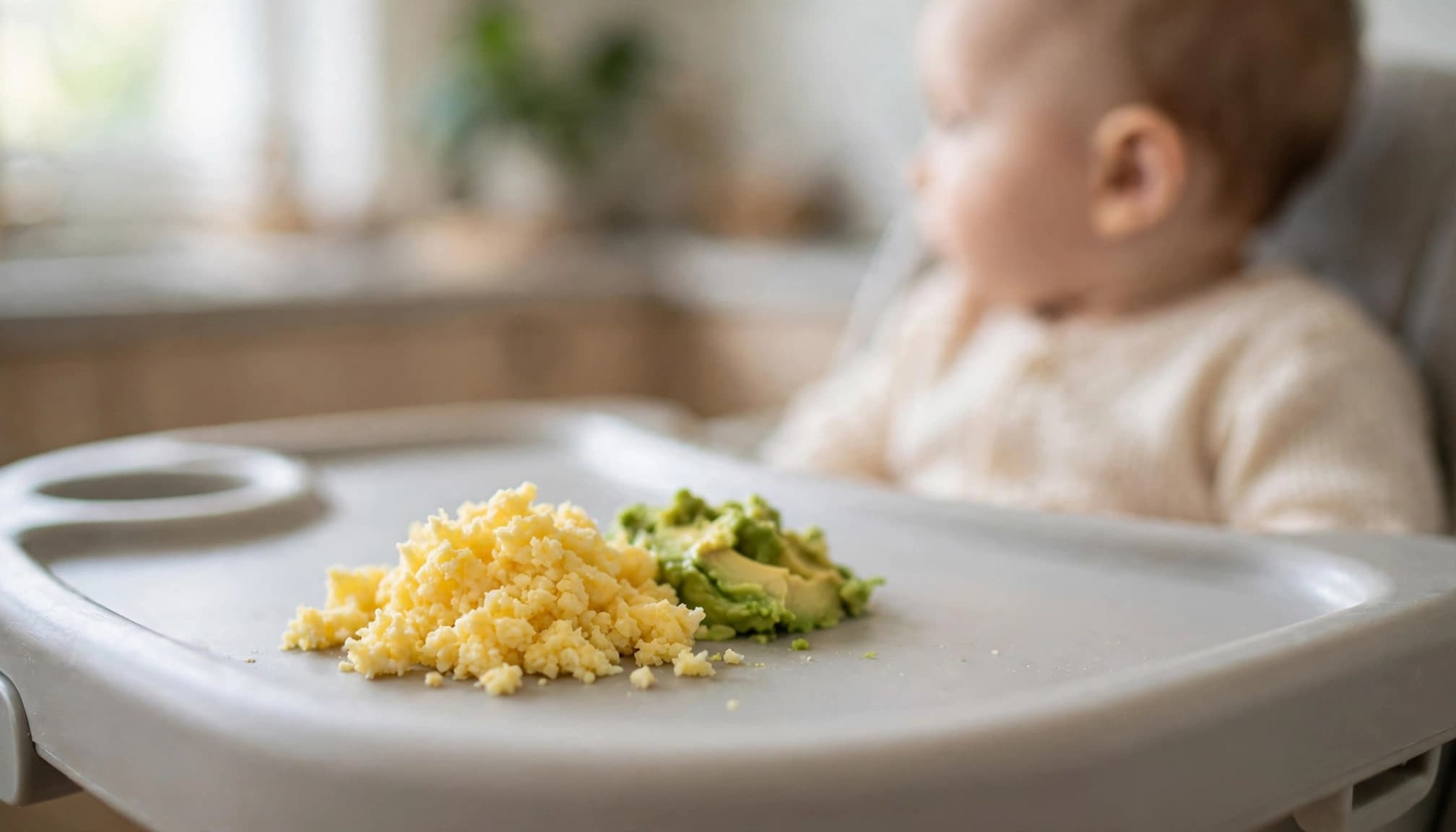 Mashed cooked egg and avocado on a tray with a baby softly out of focus.