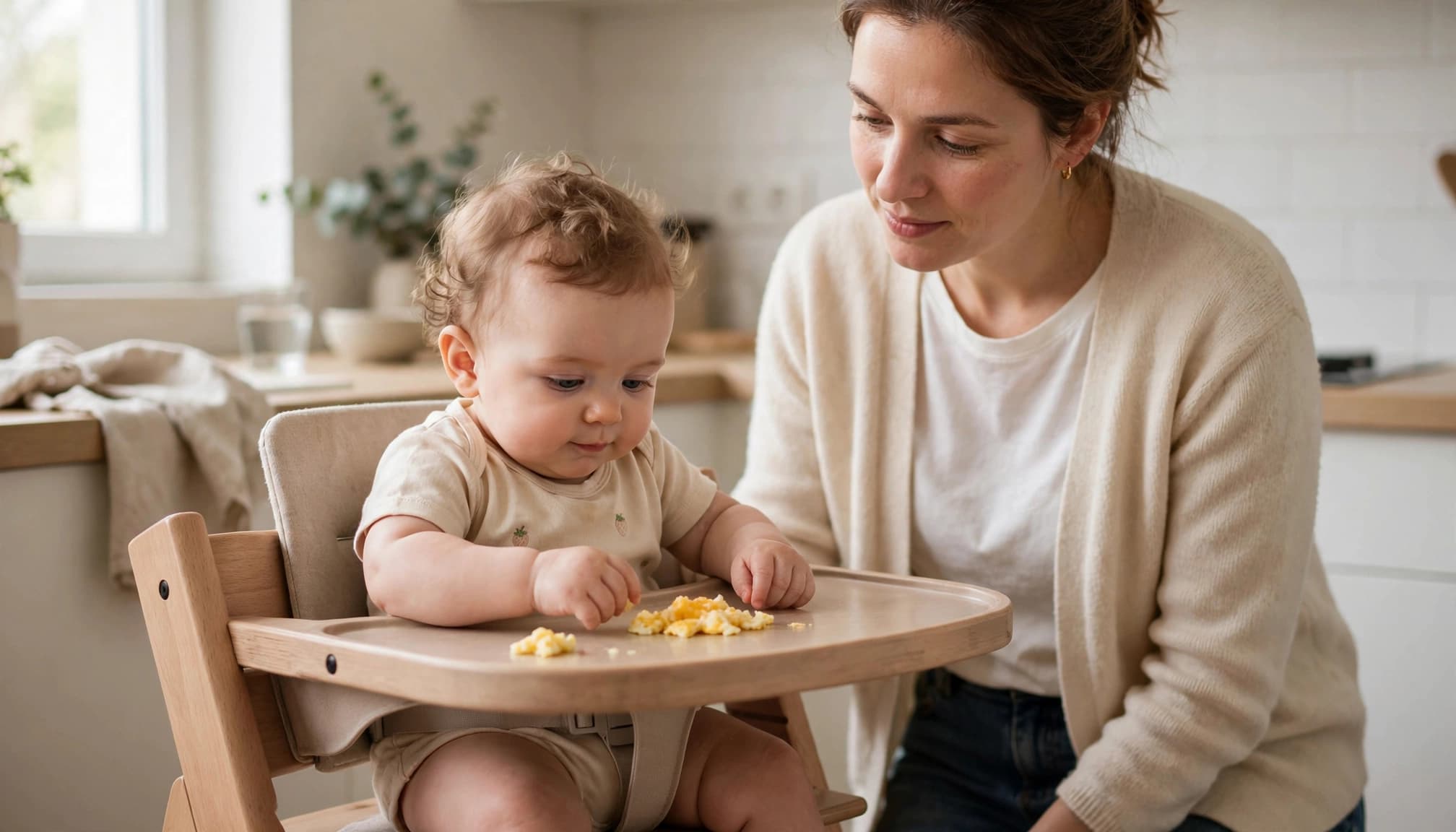 A caregiver watches an infant seated in a high chair with cooked egg on the tray.