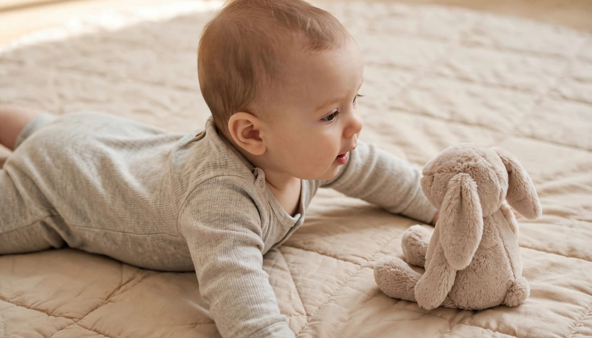 Baby lifting their chest on a play mat while reaching for a soft toy.