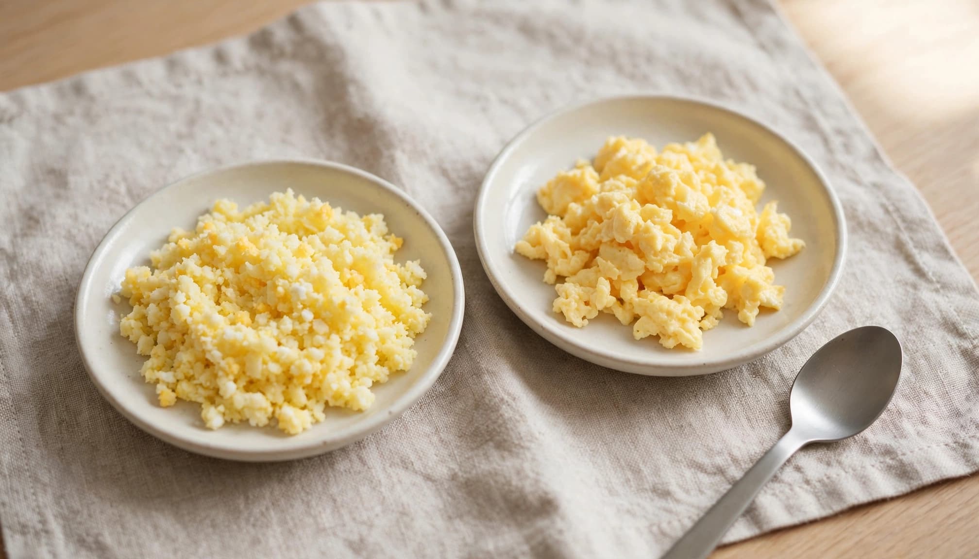 Mashed and scrambled cooked egg in two dishes with a small spoon.