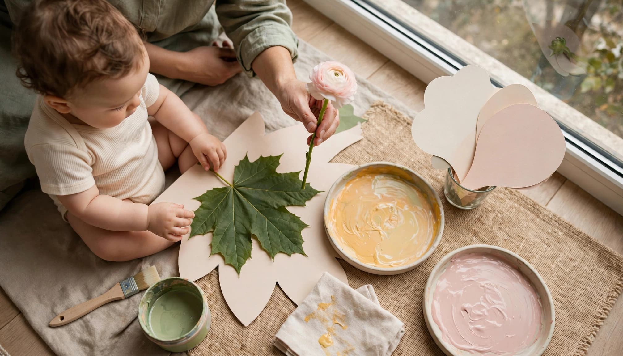 A caregiver holds a flower as a baby explores paper, paint, and tinted puree.