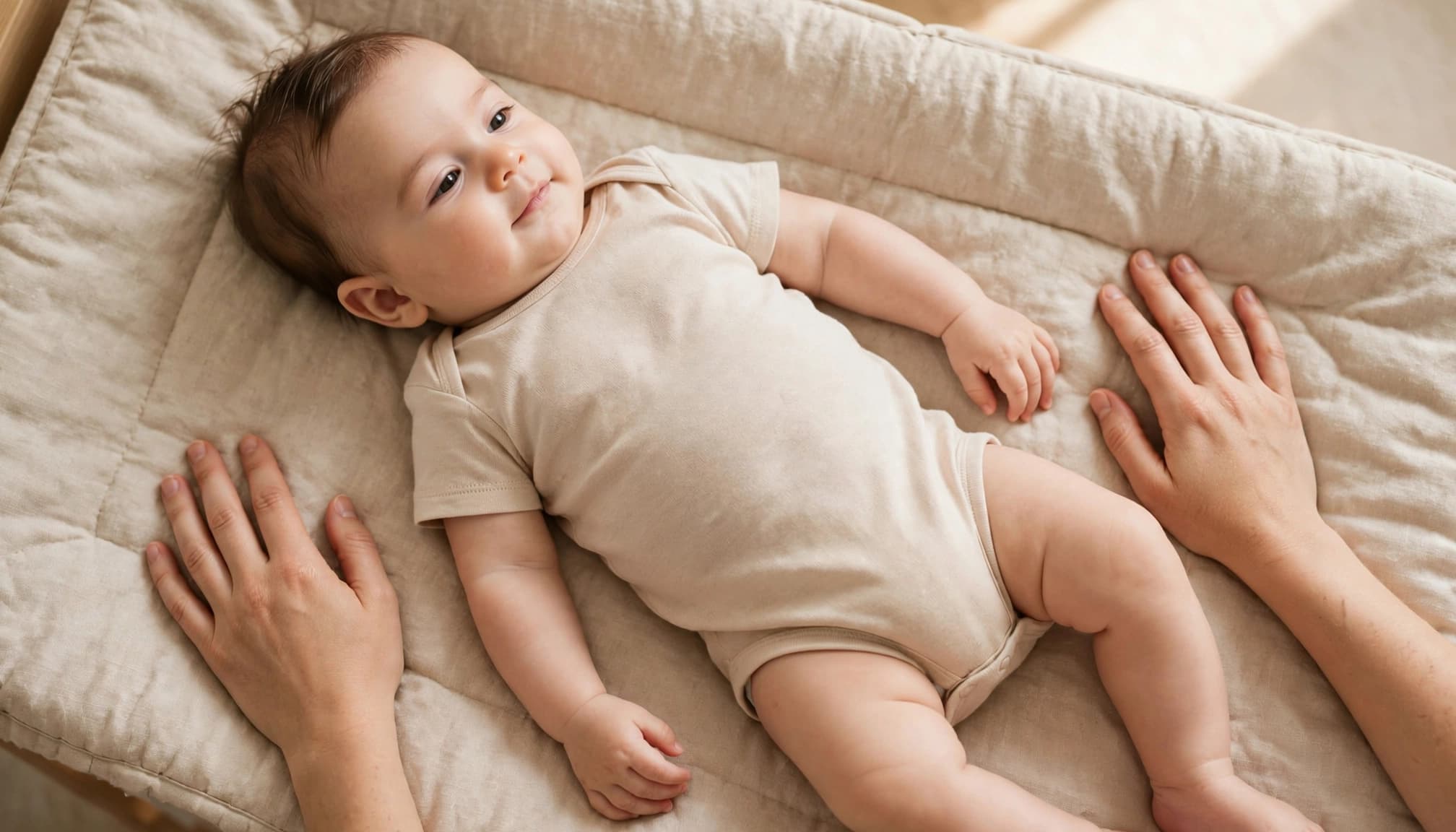Baby lying on a changing mat with a caregiver's hands beside the abdomen.