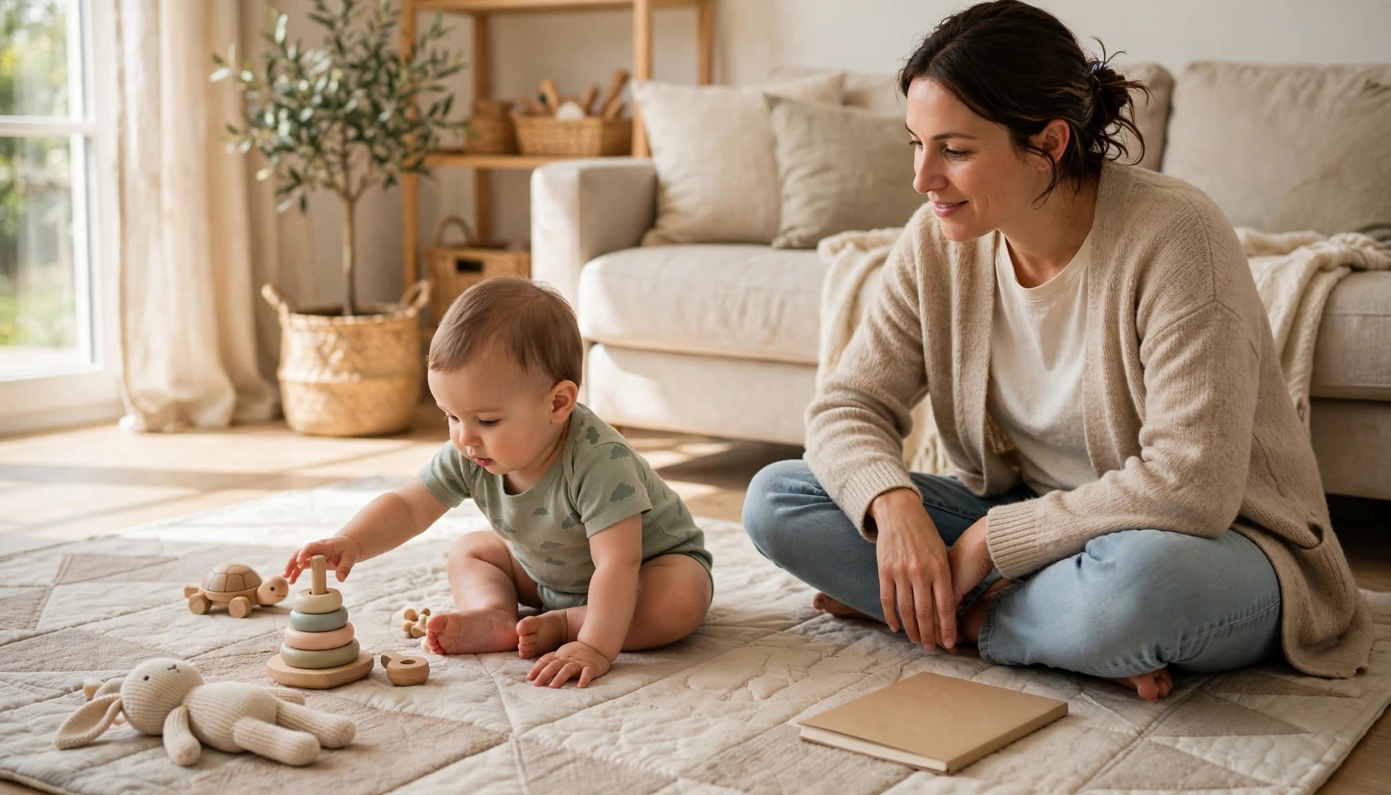 A parent watches a baby play on a mat beside toys and a notebook.
