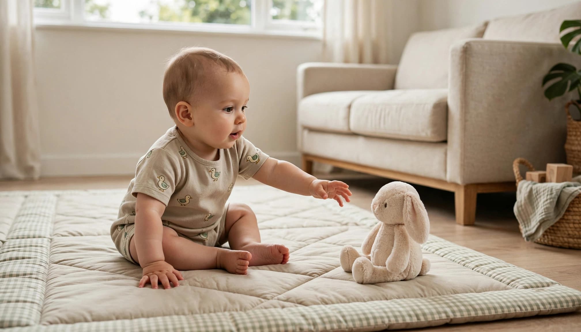 Baby sits on a play mat and reaches for a soft toy beside a low sofa.