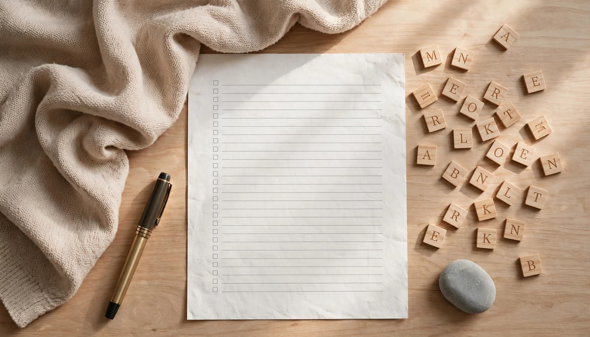 A blank baby-name list surrounded by a pen, wooden tiles, stone, and folded blanket.