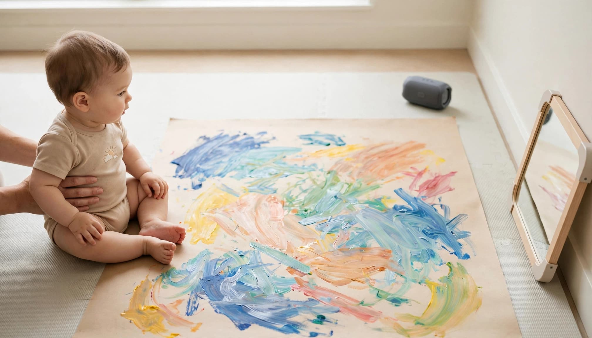 A supported infant looks at colorful paint strokes on paper beside a small speaker.