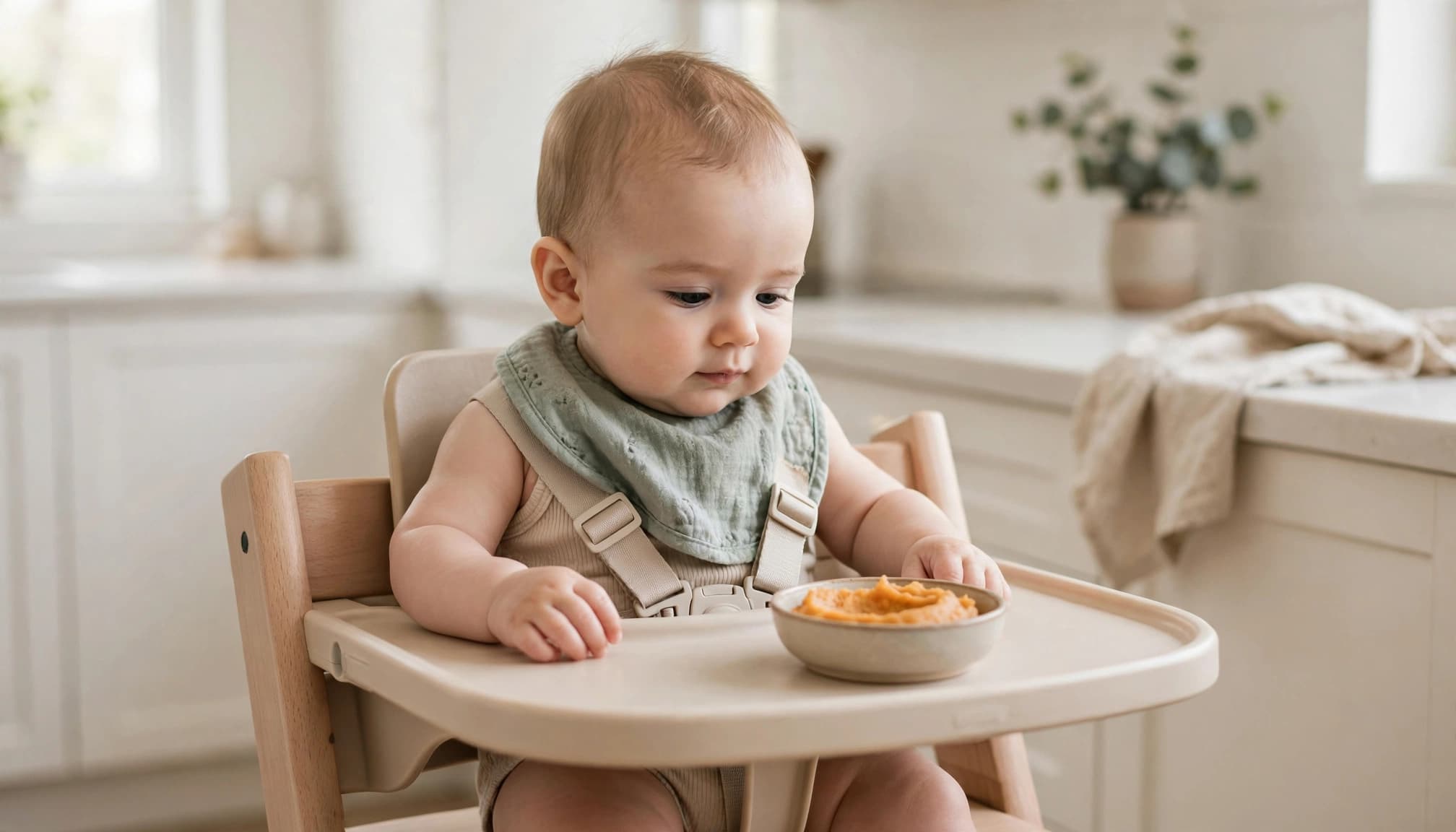 A supported baby in a high chair looks at a small bowl of food.
