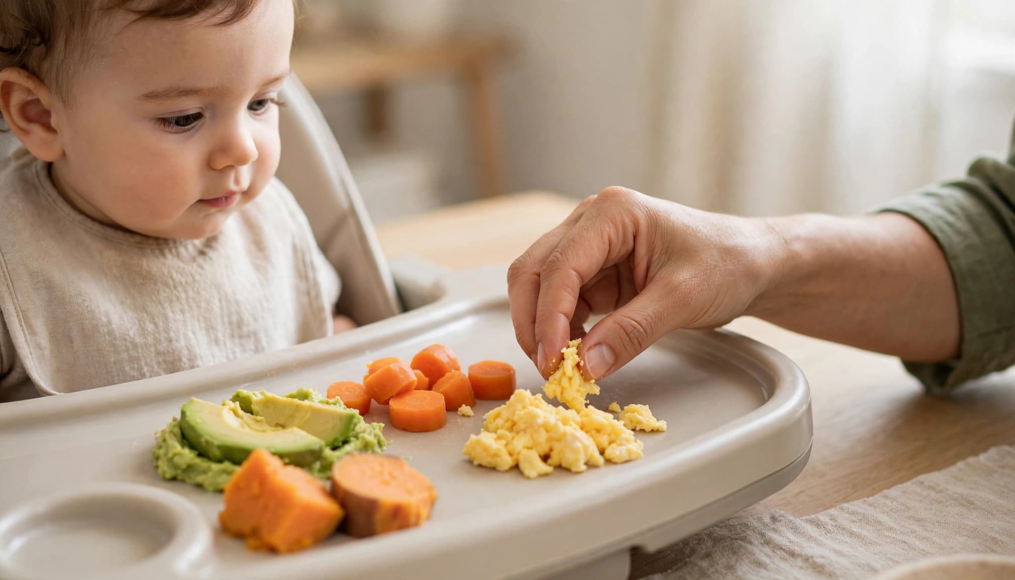 A baby watches as a caregiver arranges soft egg and other foods on a high-chair tray.