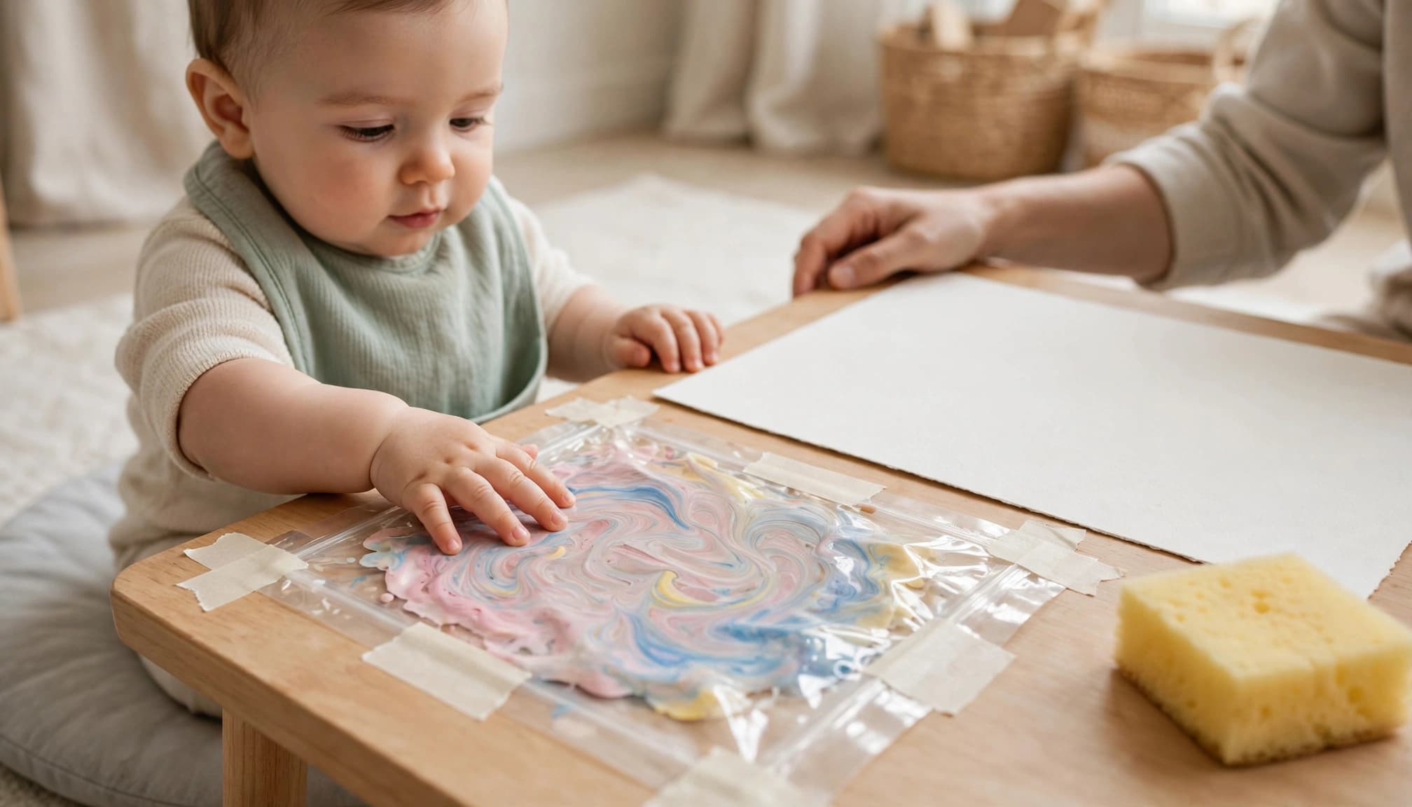 A baby explores a sealed pouch of colorful paint while an adult supervises nearby.