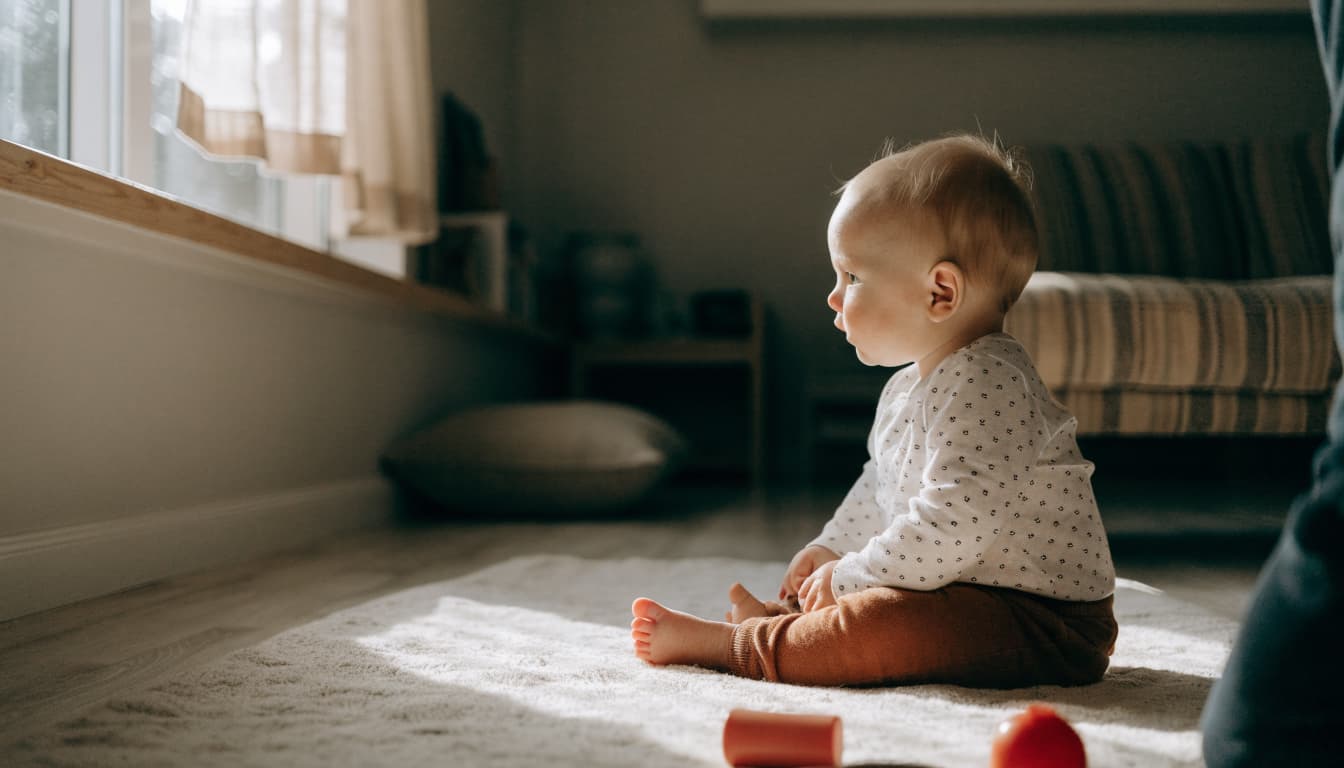 A seated baby looks toward someone just outside a bright living room.