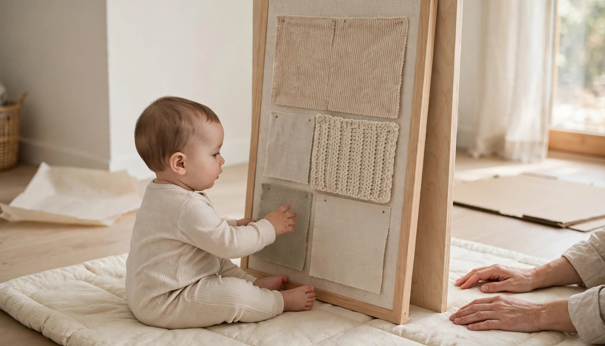 A baby explores a fabric board while an adult stays nearby.