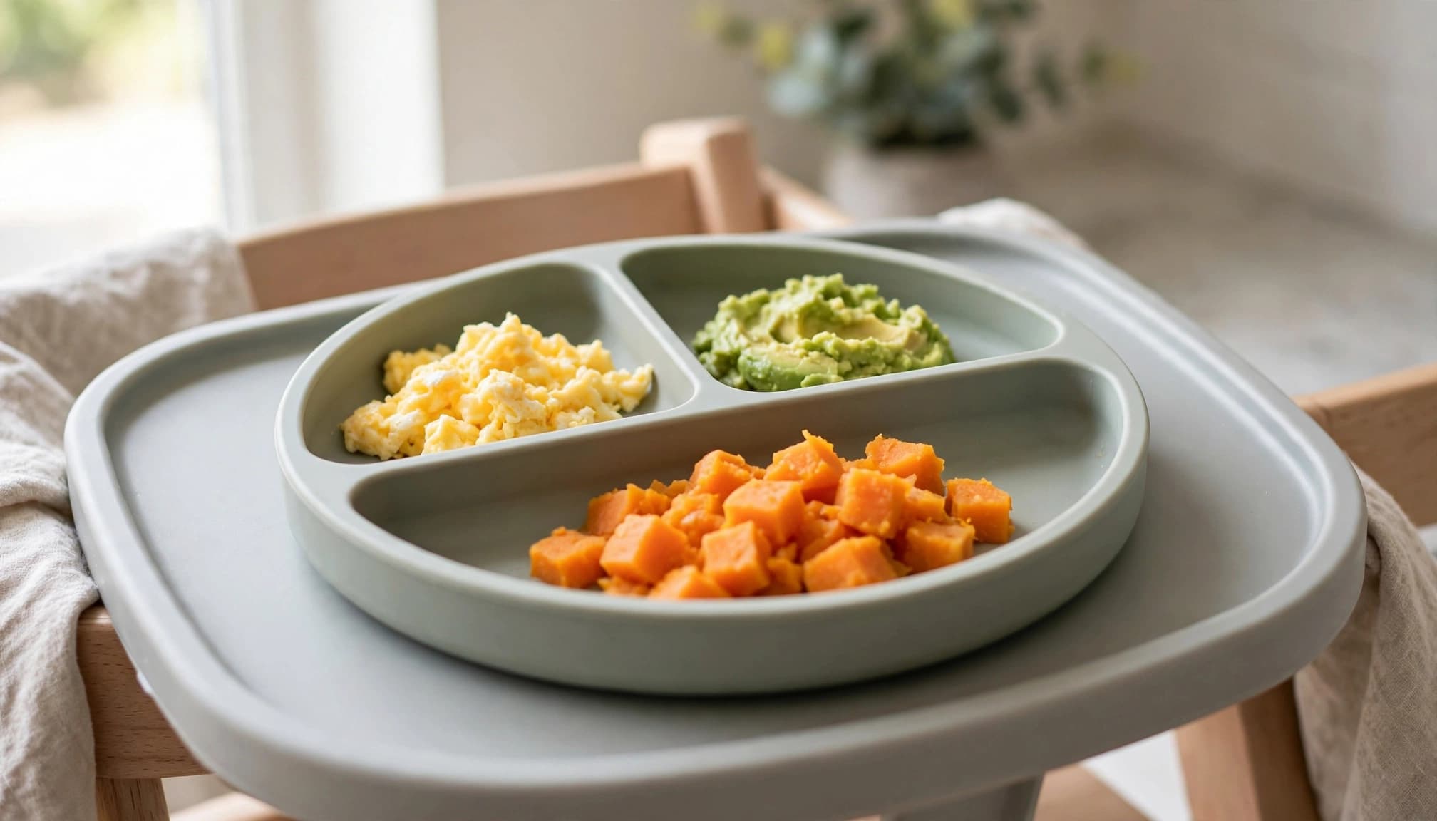 Soft scrambled egg, mashed avocado, and sweet potato on a high-chair tray.