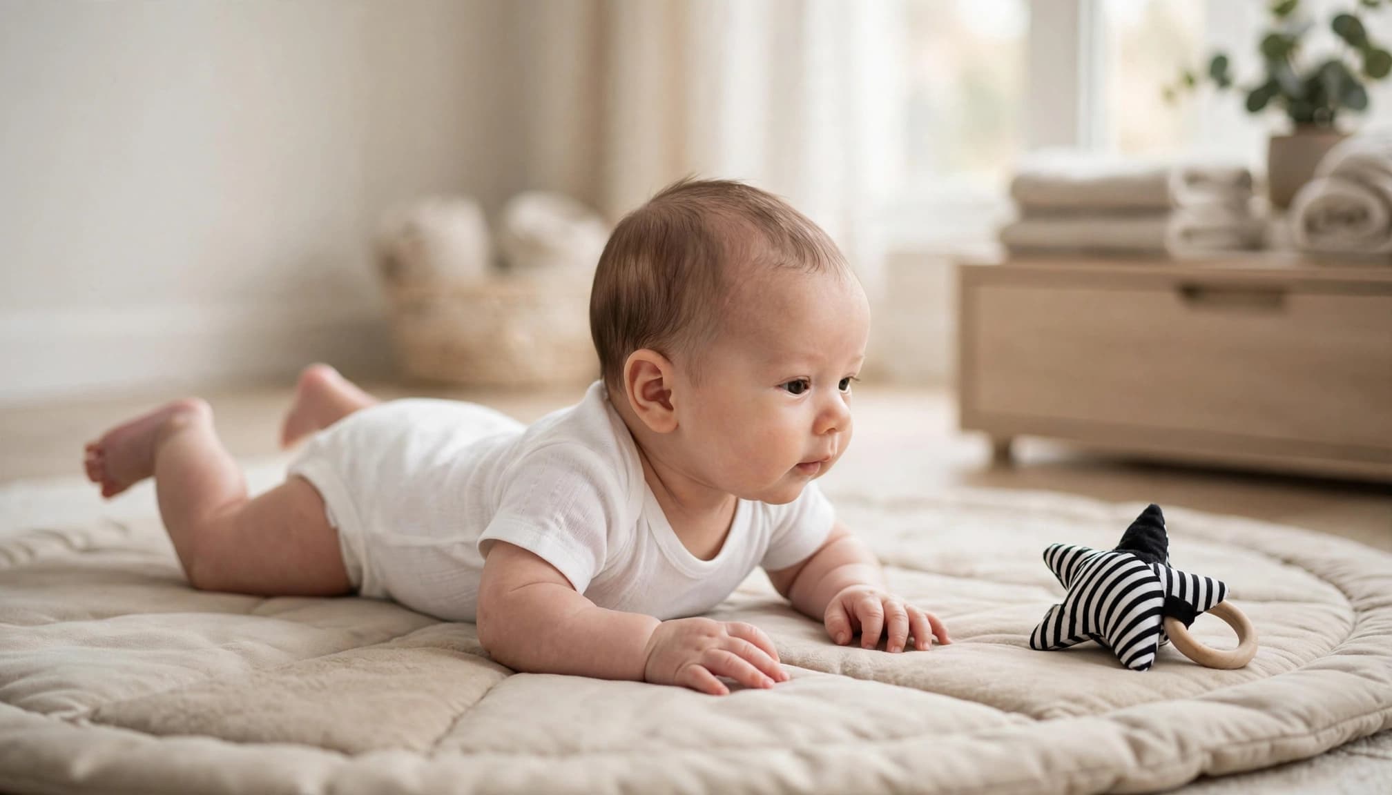Baby lifting their head during tummy time on a soft mat beside a simple toy.