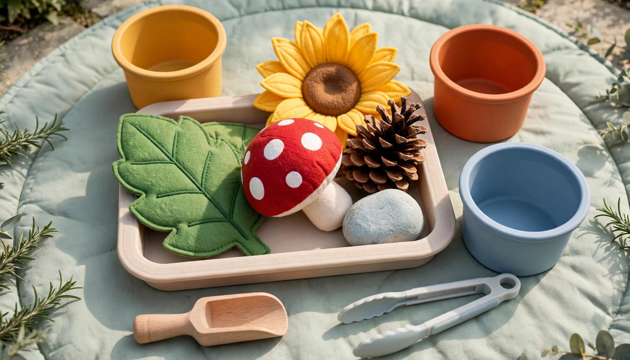Colorful nature pieces and reusable tools sit in a tray on a patio mat.