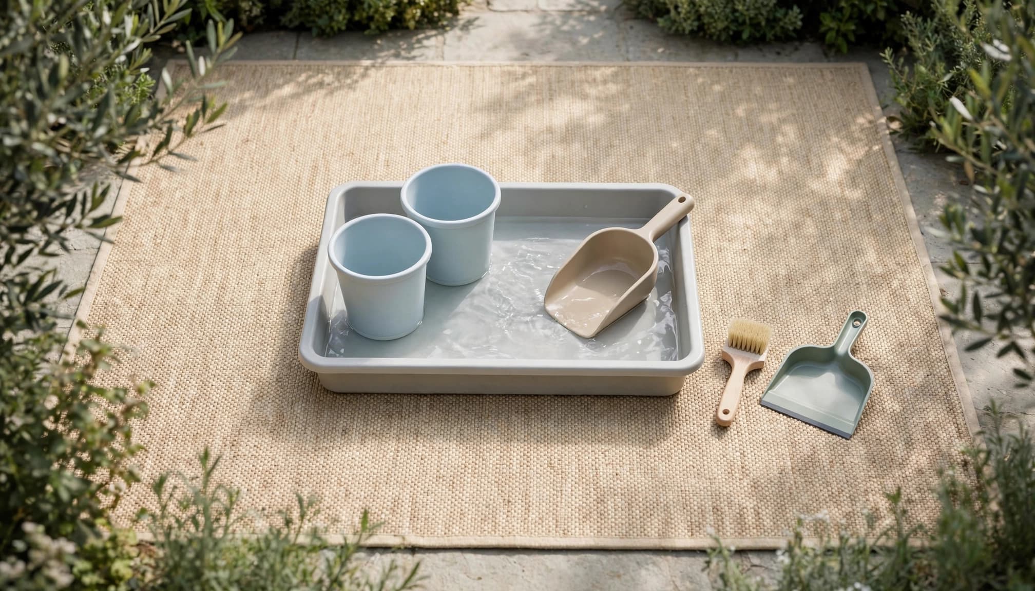 A shallow water tray with large cups and scoops sits beside a brush and dustpan.