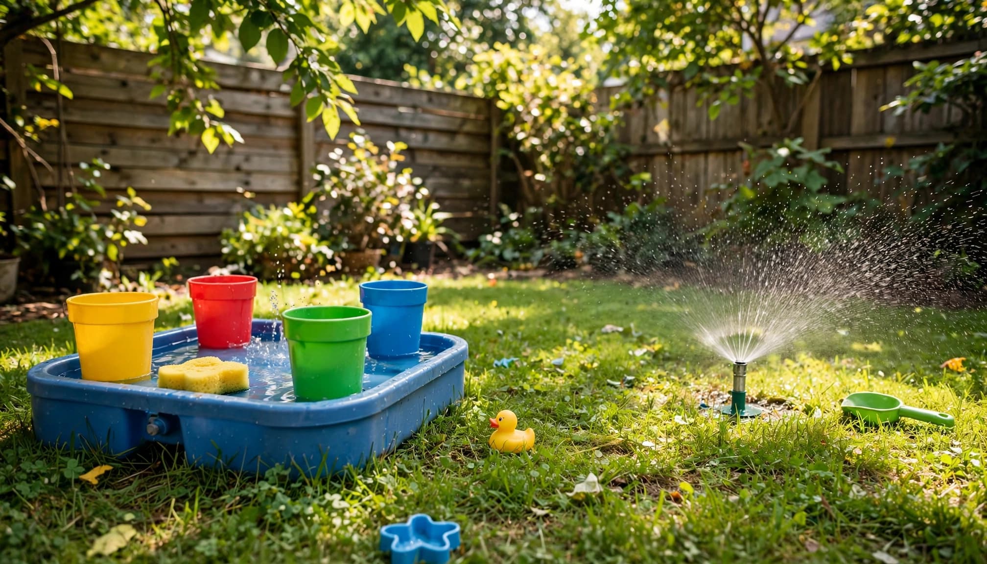 A water table with colorful cups and a sponge sits beside a sprinkler on the grass.