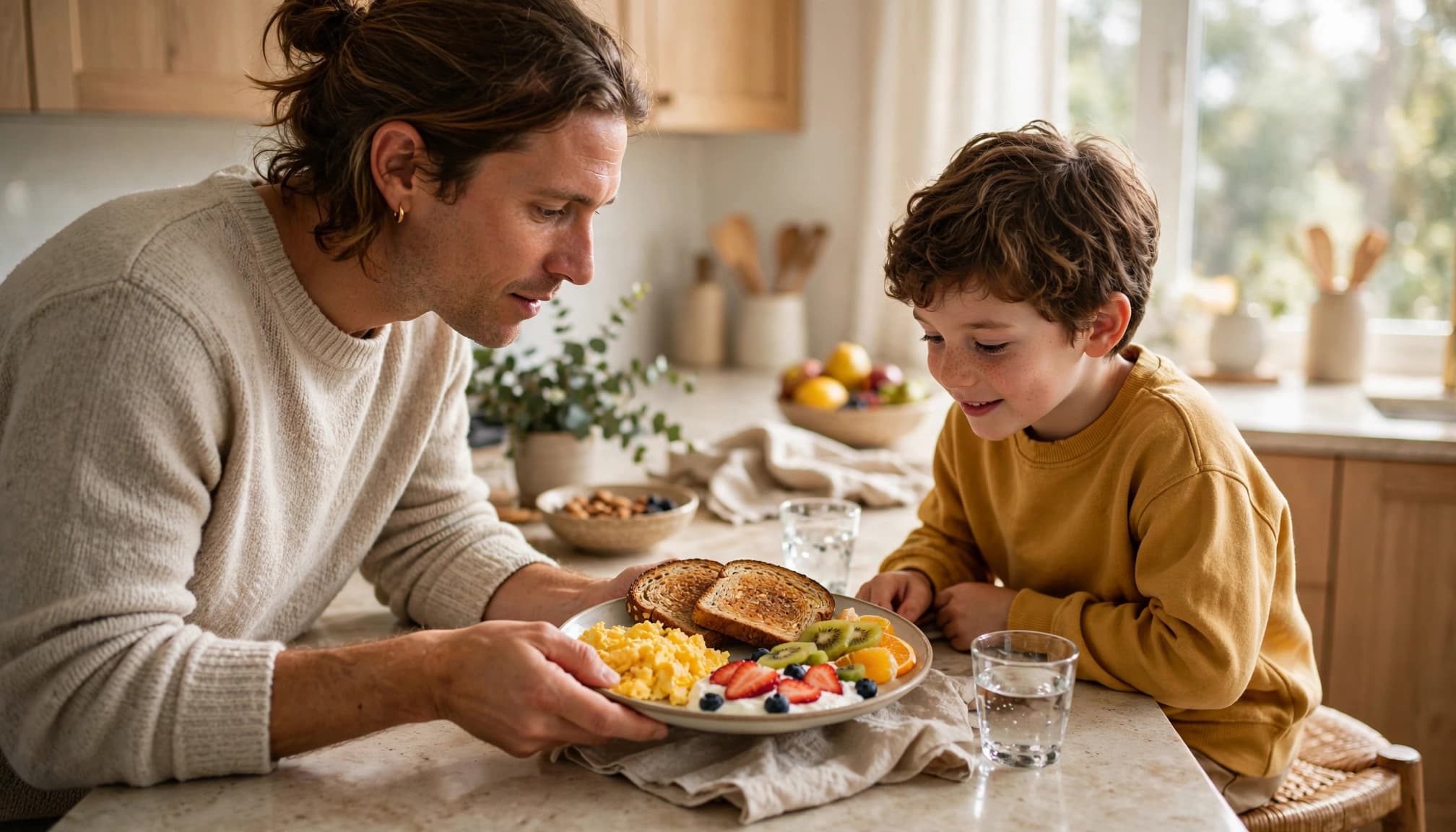 A parent serves a child eggs, toast, fruit, and yogurt at breakfast.