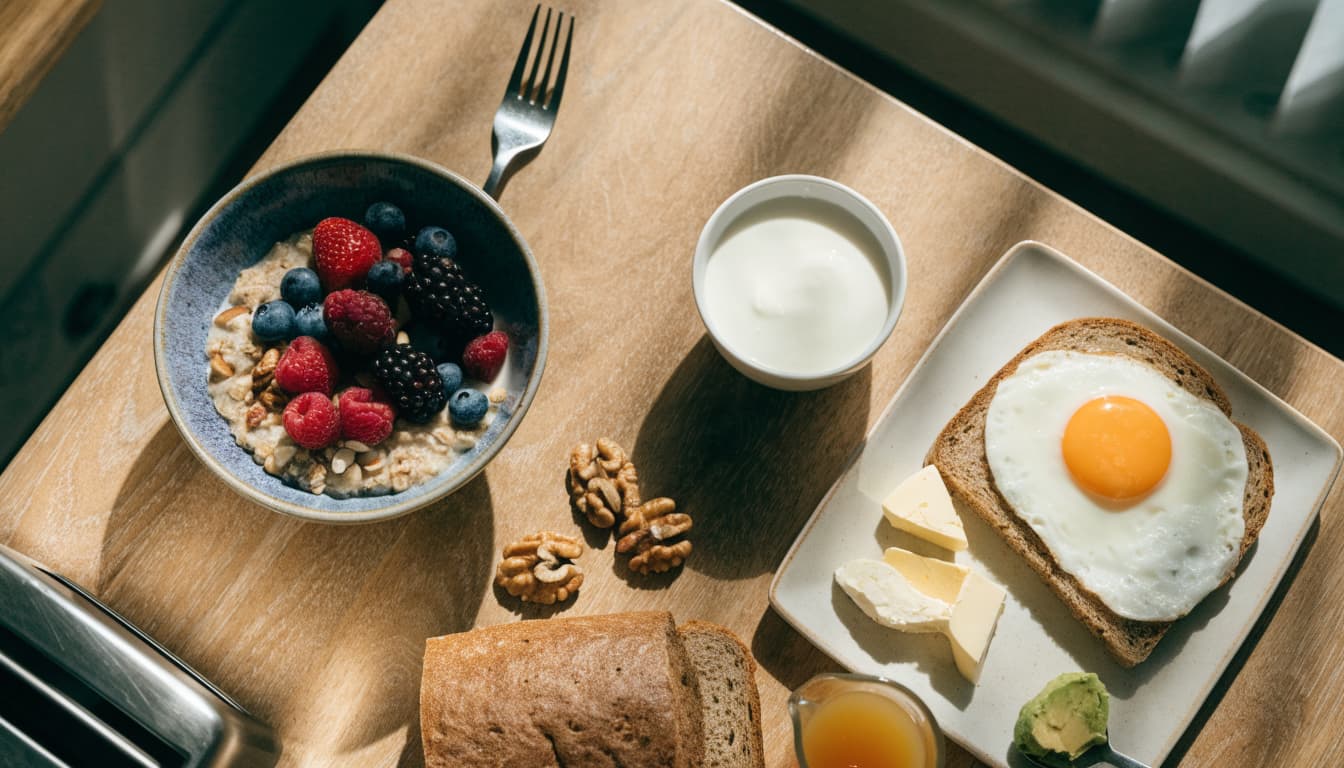 Oatmeal with berries and nuts beside yogurt, egg, and whole-grain toast on a sunlit table.