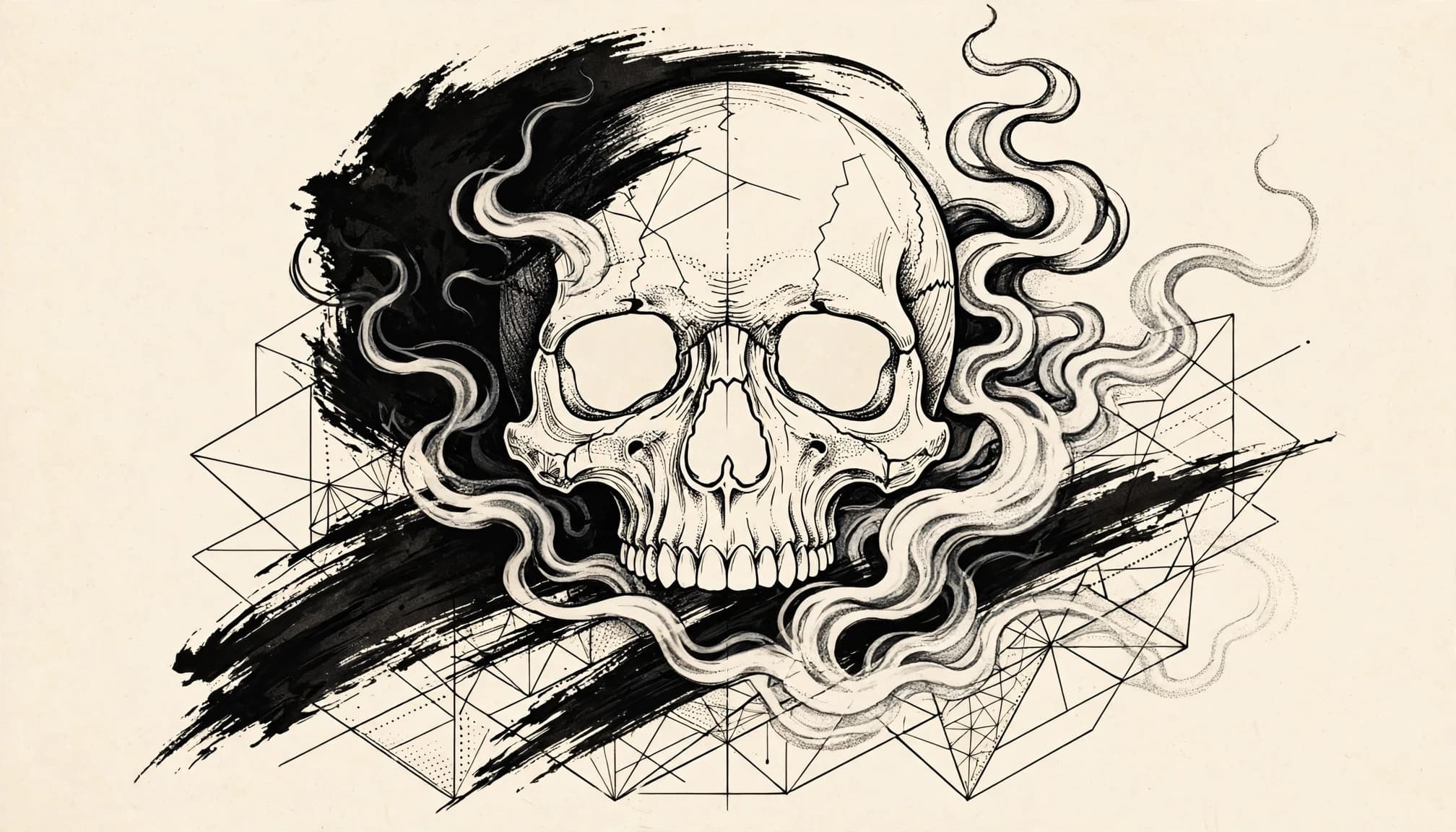 A black skull rises through smoke beside a bold brushstroke and fine geometric lines.