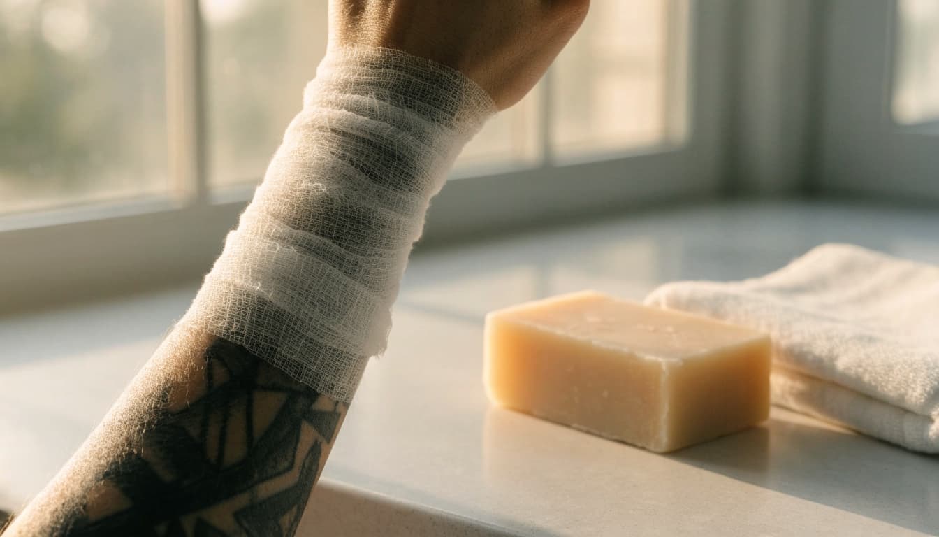 A tattooed forearm rests beside unscented soap and a folded towel.