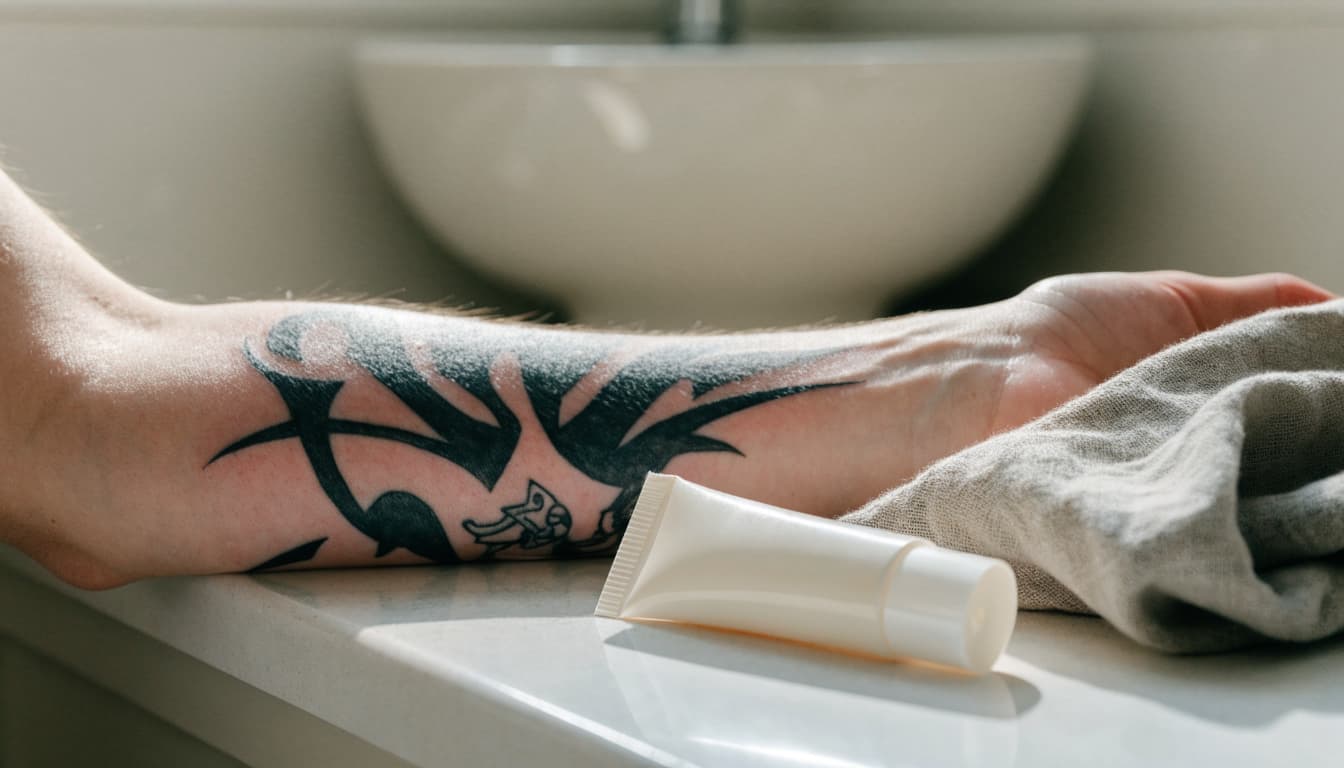 A tattooed forearm rests beside moisturizer and folded cotton fabric on a bathroom counter.