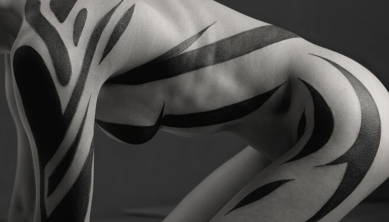 A blackwork tattoo with bold shapes and fine lines follows the torso and thigh.