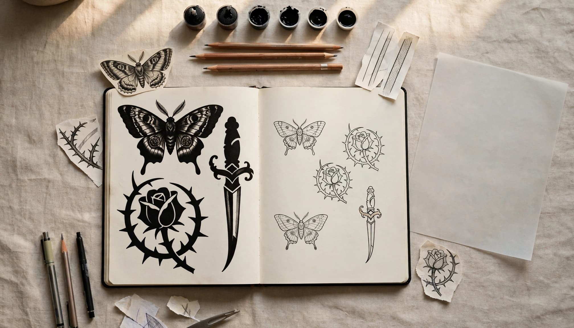 Blackwork sketches and references arranged on a tattoo studio table.
