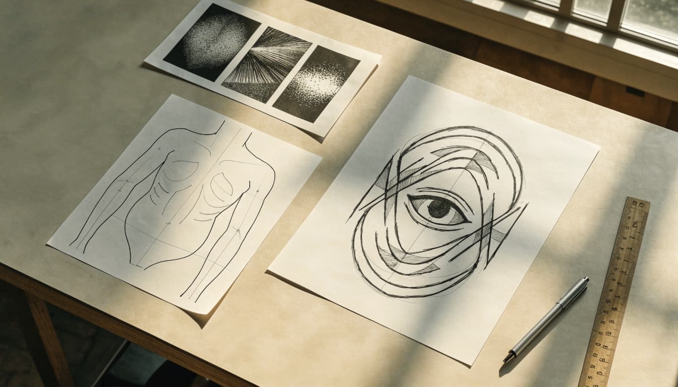 A geometric tattoo sketch, reference prints, and body outline arranged on a studio table.