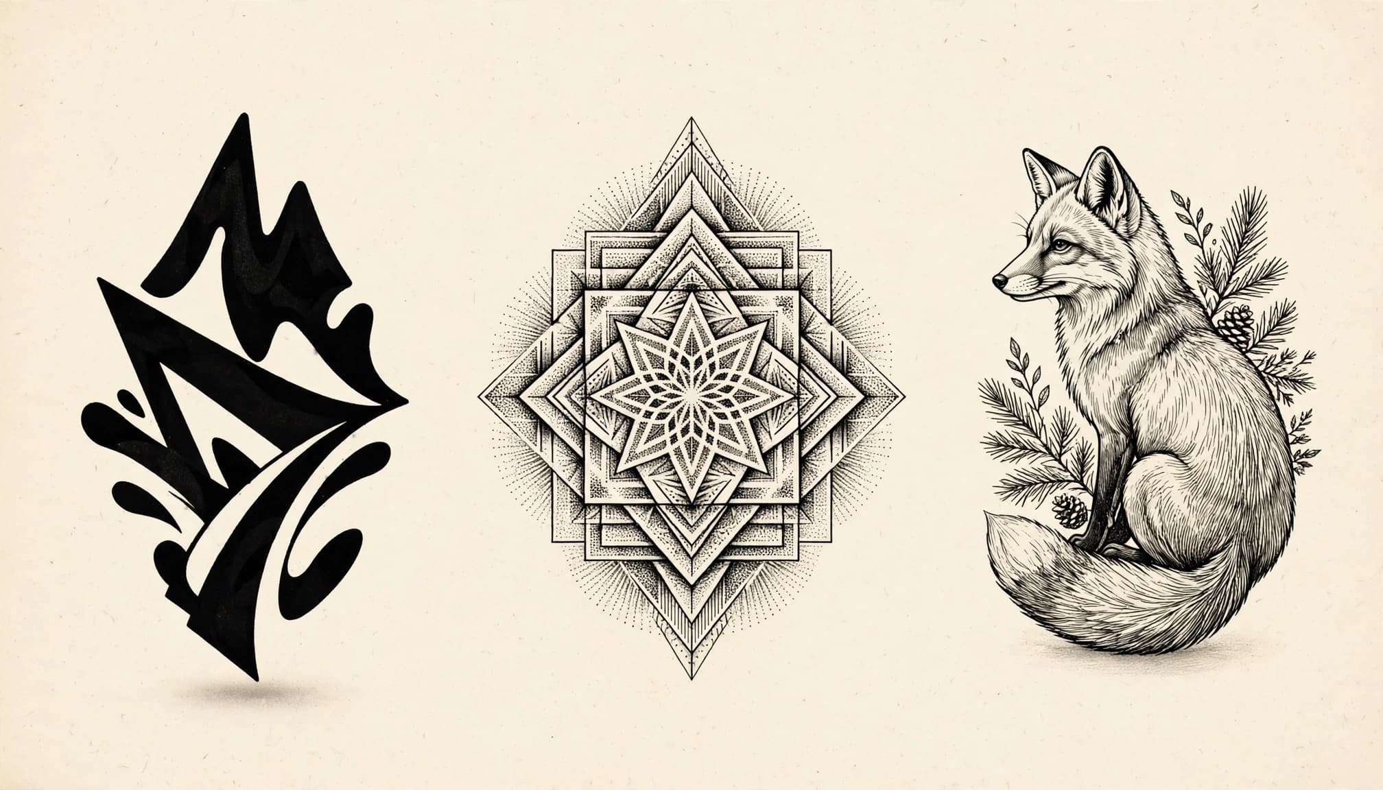 Three black ink tattoo designs sit apart on a warm ivory background.