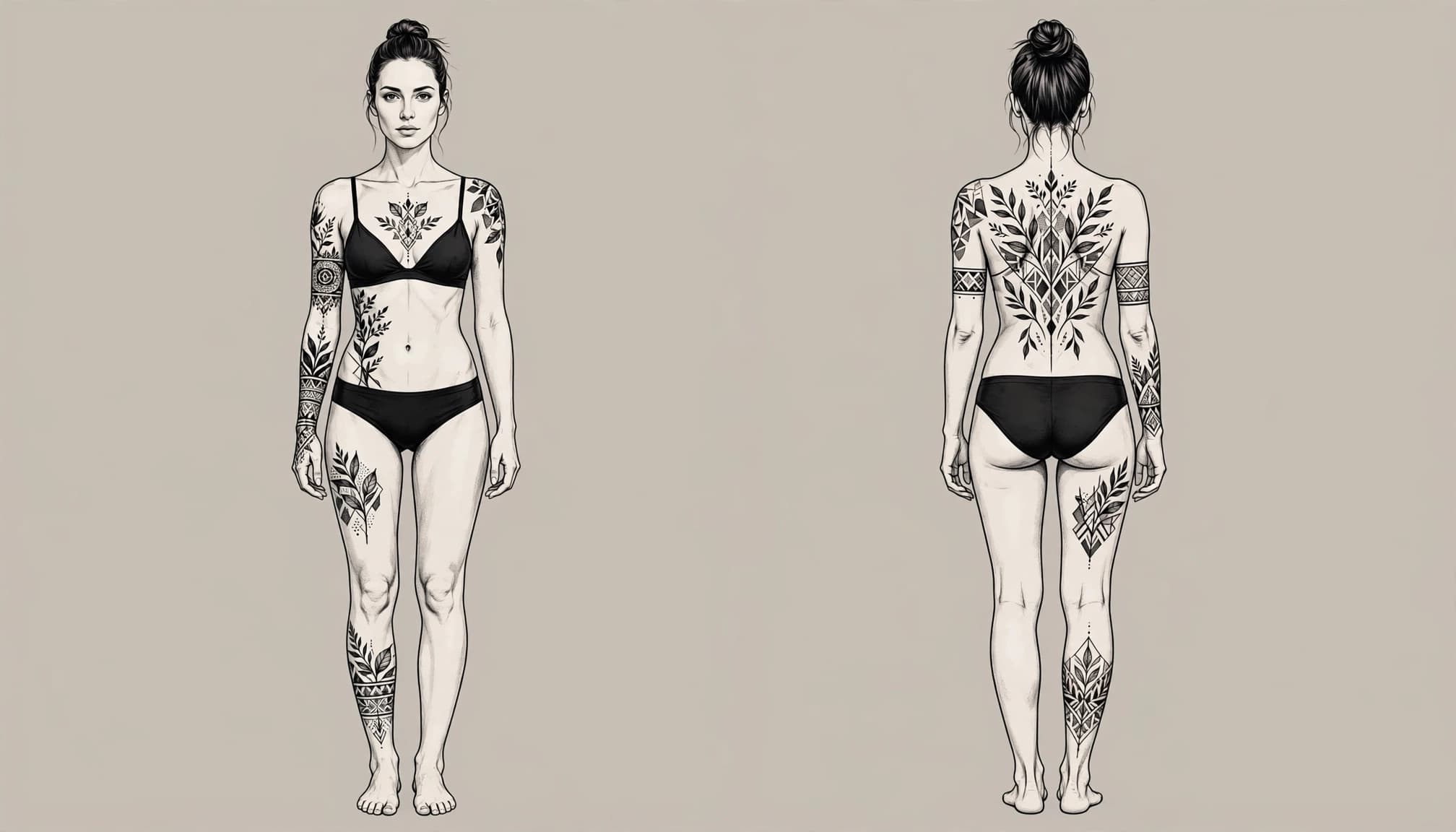 Front and back views show black botanical and geometric tattoos on a woman.
