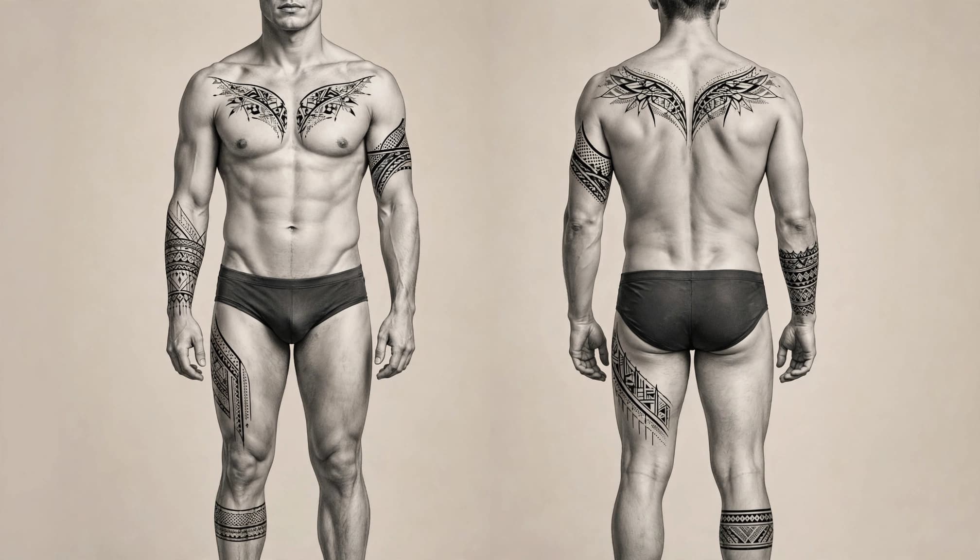 Front and rear views of a man showing subtle blackwork tattoos on several body areas.