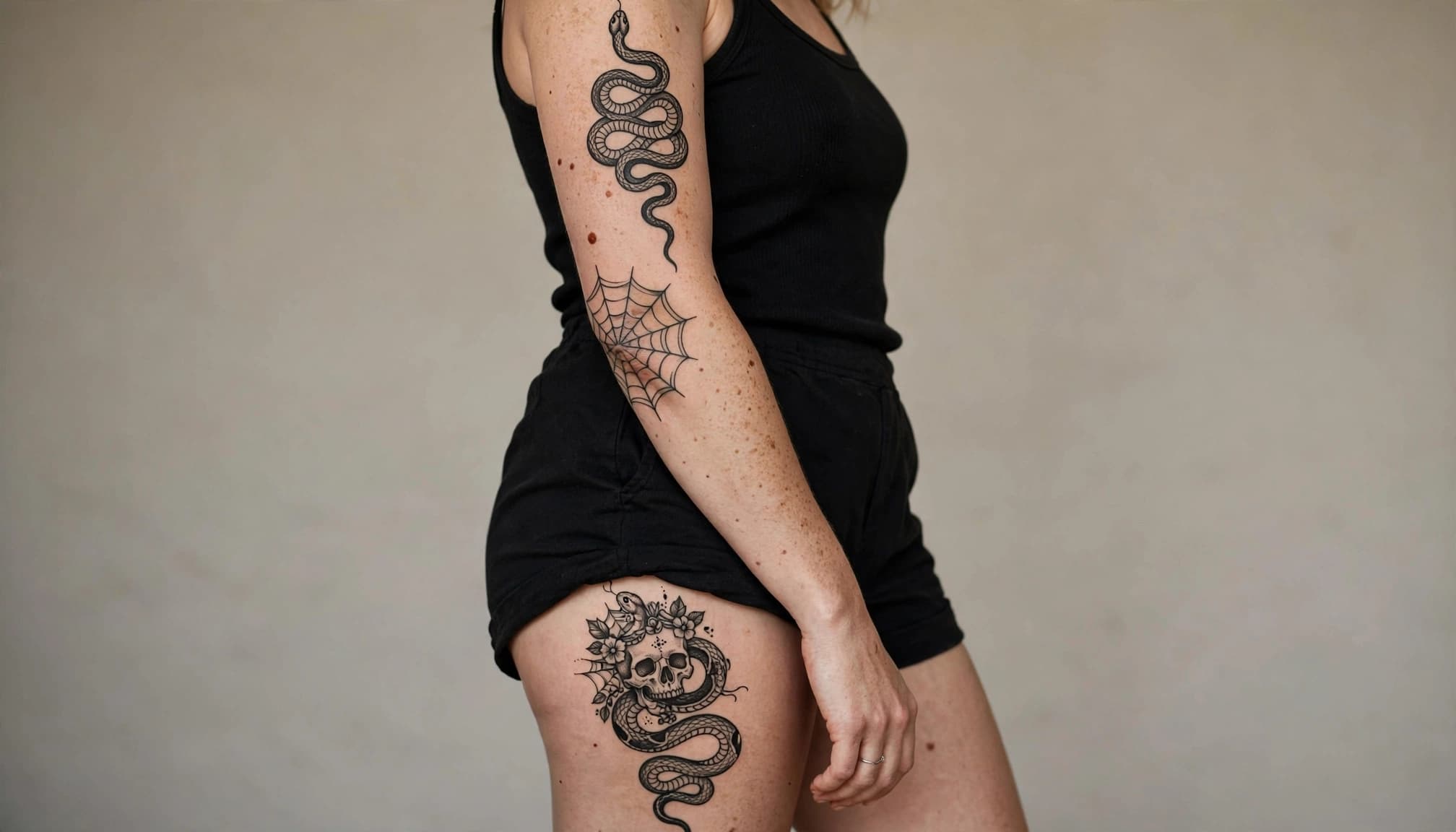 A woman displays a serpent, web, and skull-and-snake tattoo in three placements.