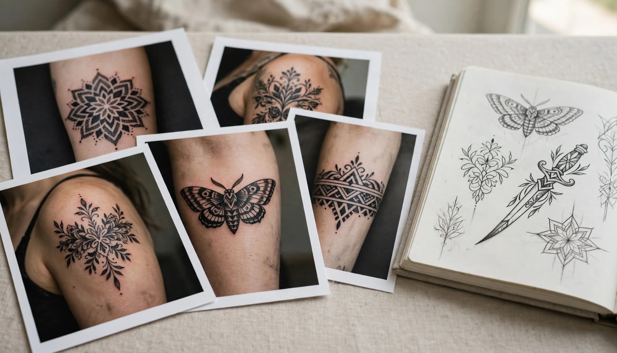 Tattoo photographs and an open sketchbook rest on a studio table.