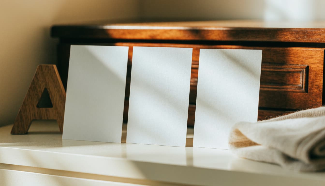 Three blank cards rest beside a wooden letter tile and soft blanket on a nursery shelf.