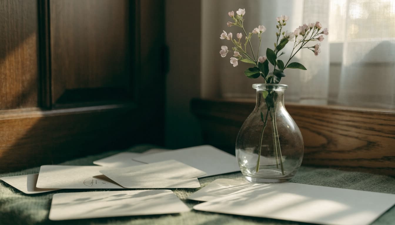 Blank cards and a small vase of flowers on a wooden table.